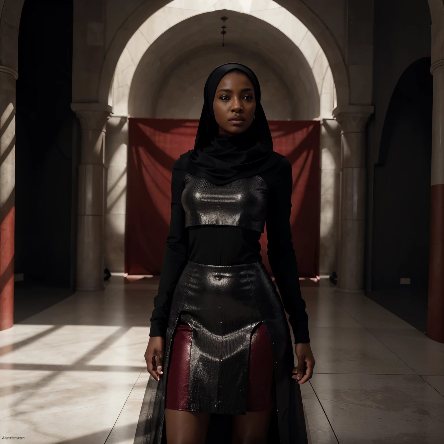 Black woman wearing a red sharia arabic clothing, standing in a red circle in an empty area covered by white and grey background, light piercing through giving a black and grey cinematic scene, 32k, ultra HD, unreal engine rendered, hyper-realistic image, artgerm style