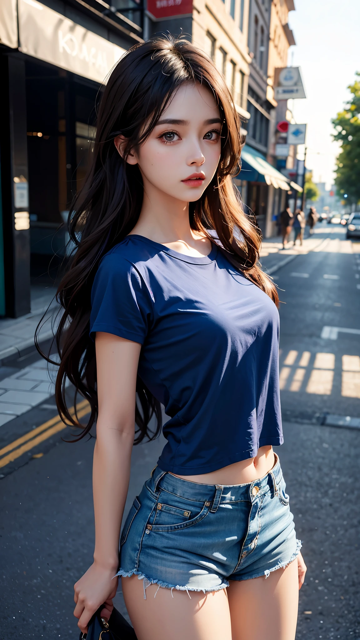 8K, masterpiece, ultra detailed, 1 girl, realistic face, very long hair, smoggy makeup, detailed lips, small breasts, wearing blue loose t-shirt, cropped shorts, realistic lighting, sun light, dark shadow, street background, attractive poses,