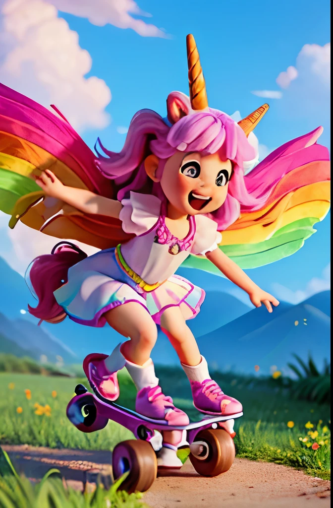 (best quality,4k,8k,highres,masterpiece:1.2),ultra-detailed,(realistic,photorealistic,photo-realistic:1.37),(((unicorn on rollerskates))),cute,fluffy,big cartoon eyes,extremely happy,smiling,rainbow theme,joyful,playful,cartoonish,fantastic,whimsical,sparkling colors,soft pastel palette,radiant,happy atmosphere,wonderful,colorful rainbow background,lovely clouds,magic dust,airy, lively,adorable,delicate details,ethereal,animated,cheerful expression,innocent,imaginative,joyous,blissful,exhilarating,wind blowing through its mane,light-hearted vibe,blinking stars,a storybook come to life,warm sun rays,playful motion,carefree spirit,magical,childhood dreams,delightful,exuberant enchantment,unbounded happiness,fun-loving,skating gracefully,chasing rainbows,dancing on roller skates,jumping with joy,butterflies fluttering around,euphoric,laughter and giggles,uplifting,fantastical journey,whirling and twirling