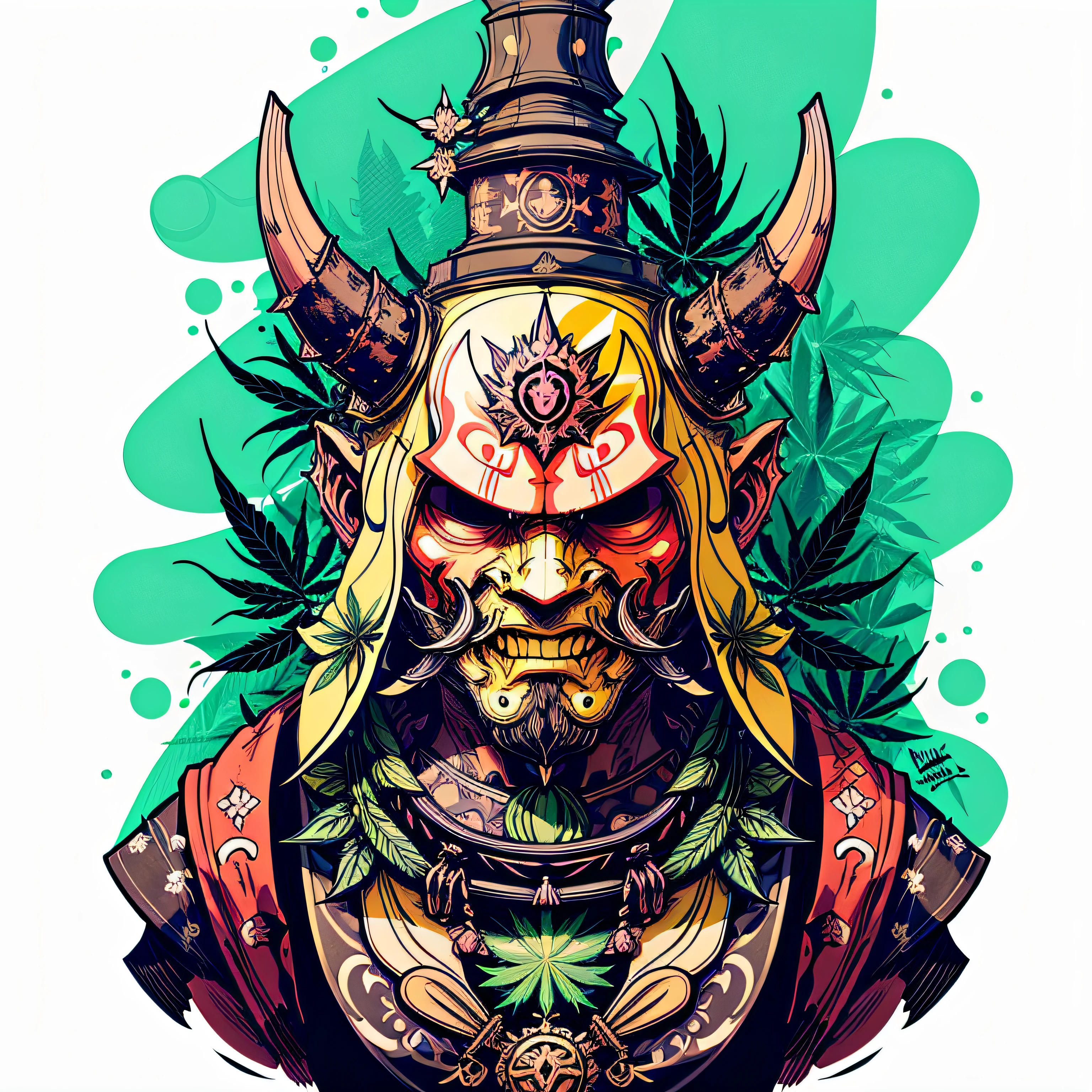 Style de masque Oni,cannabis, illustrateur, master piece, highly quality, 8k, high resolucion, highly detailed, Japonais, samurai, cannabis, tatouages de feuilles de cannabis sur tout le corps, feuilles de cannabis et accessoires, tendance violet et jaune avec beaucoup de feuilles de cannabis, Feuilles de cannabis en arrière-plan.