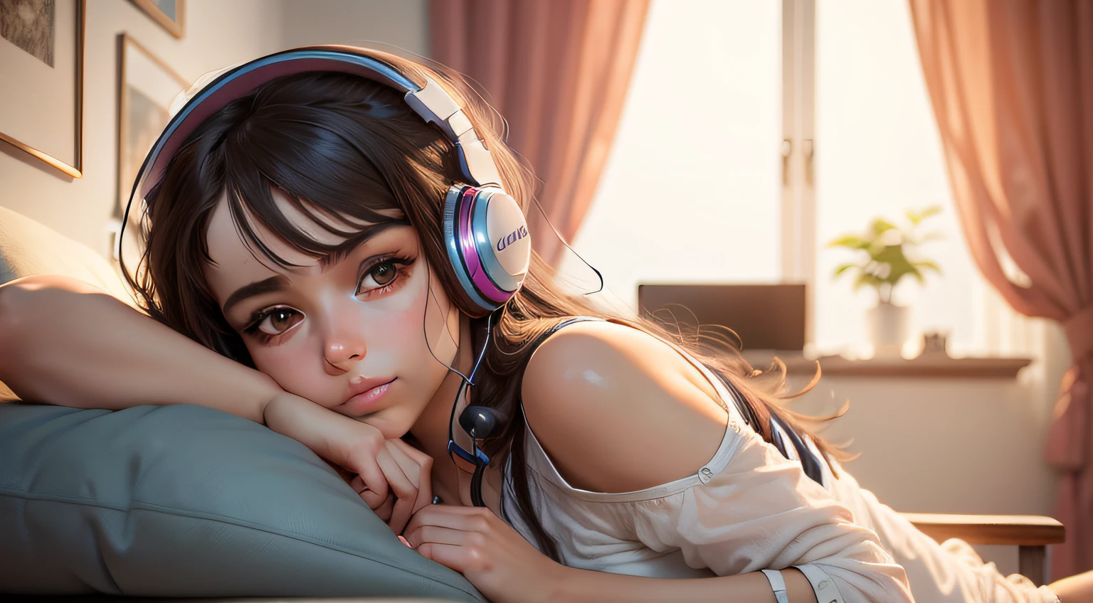 Uma menina bonita, Listening to music with your headphones, vai se concentrar, relaxante, em sua sala de estar.