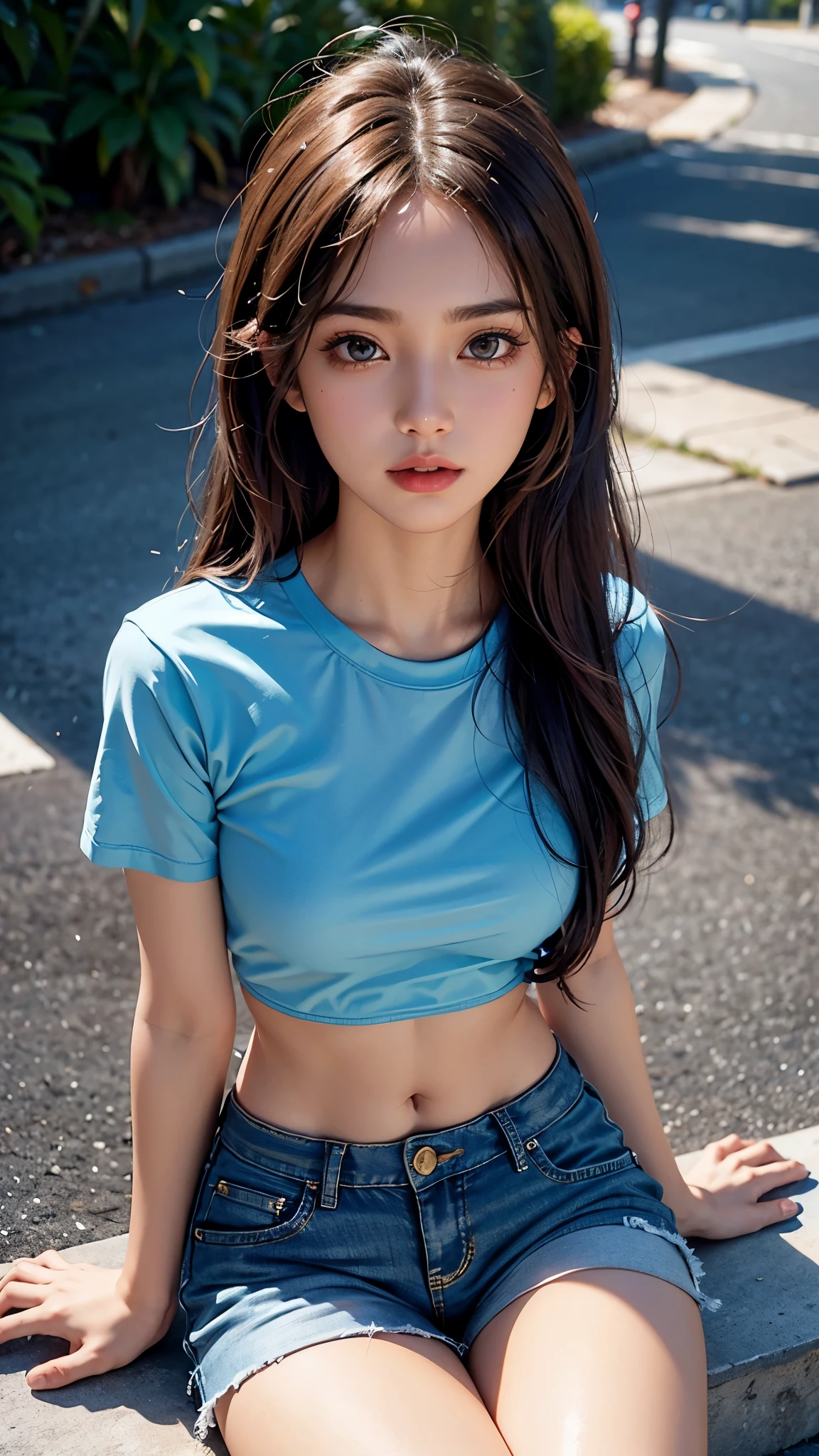 8K, masterpiece, ultra detailed, 1 girl, good face, light skin tone, very long hair, light makeup, glossy lips, small breasts, wearing blue loose half t-shirt, cropped shorts, realistic lighting, sun light, dark shadow, street background, sitting,