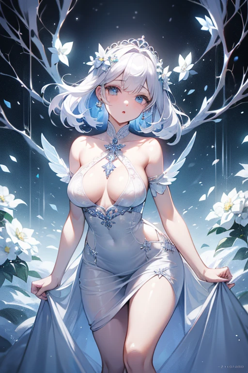 Paradise in Heaven, White lighting,(masutepiece), (Best Quality), (Cinematic), 8K, (art  stations), Li Yue painting style.(長いWhite hairとSilvery eyesを持つ1人の女), (Beautiful delicate face)、[ Particle Lou Full Moon] [Frozen trees々] [landscape crystal] [Lighting] [Ethereal Atmosphere]:1.1] [Fantasy, short story] [soft Lighting] [+Cinematic shot]:1.2 [+art  stations] [+luminous white background] [+soft Lighting] [soft glow] [Creative and dynamic angles]:1.3, [+Crystal Toning] 、masutepiece, ighly detailed, Ultra-detailed, Solo, (pale skin), Silvery eyes, White hair, (snowy background), (snowflake rosen flower:1.0), (shining crystal),, (Snowy ground), (White lashes), Female sexy、dreamy and detailed, Gorgeous setting, 妖しい雰囲気 masutepiece, The most beautiful scenes, An majestic、(((full of white flowers)))、quiet and serene atmosphere、A charming, all white tones,Inside the crystal library,Transparent flowers and falling snow，Many white roses are planted,(flowingwater,falls,water bloom),The decoration is also carefully done.,Dreamy（ighly detailedです，Creative Design，crisp and precise lines，K HD，best qualtiy，tmasterpiece，超hight resolution，4K）、Diverse poses、((beautiful white flower hair ornament))、Beautiful hairstyle、(Best Quality, 4K, 8K, hight resolution, masutepiece:1.2), Ultra-detailed, Detailed expression, Graceful posture, expressive brush strokes, mystic atmosphere, artistic interpretation,Delicate floral jewelry， (((Detailed design、Beautiful lace translucent dress、see-through small dress)))、(SFW:1.5), (Oversized breasts, best body proportions, proportions of large breasts,:1.5),(white decoration on thigh)、((Beautiful crystal accessories on the legs))。((Beautiful crystal accessories on the arm))、