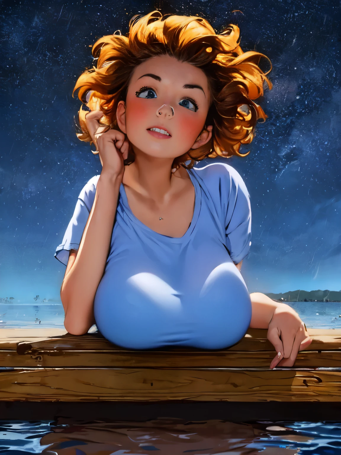 (1 girl) (masterpiece, best quality) woman in a colorful graphic designer t shirt sitting on a dock, , ,  , stormy dark sky, raining, , extreme detail on face (fantasy oil painting)
(), large forehead, large dark eyebrows, large nose, wide chin
(Breasts covering entire torso)
normalized chounyuu ((safe for work:1.3) ((huge breastreasts covered bt shirt)),  by norman Rockwell,  bra visible through clothes,