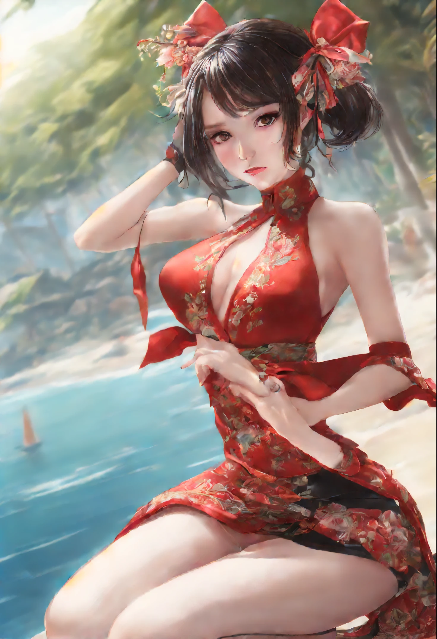 masterpiece,best quality,official art,extremely detailed CG unity 8k wallpaper,in a Seductive cheongsam (hal-transparent,tight),Black silk stockings , partially unbuttoned,  female, show foot, pubic tattoo on underbelly, day, on the beach, drill hair, game_cg, girl, hairband, single hair bun, makeup , looking at viewer, endured_face, large breastbreast out, thigh heels, hair ribbon, ribbon_choker, earrings, jewelry, bracelet, adjusting_thighhigh, sitting, spread legs,