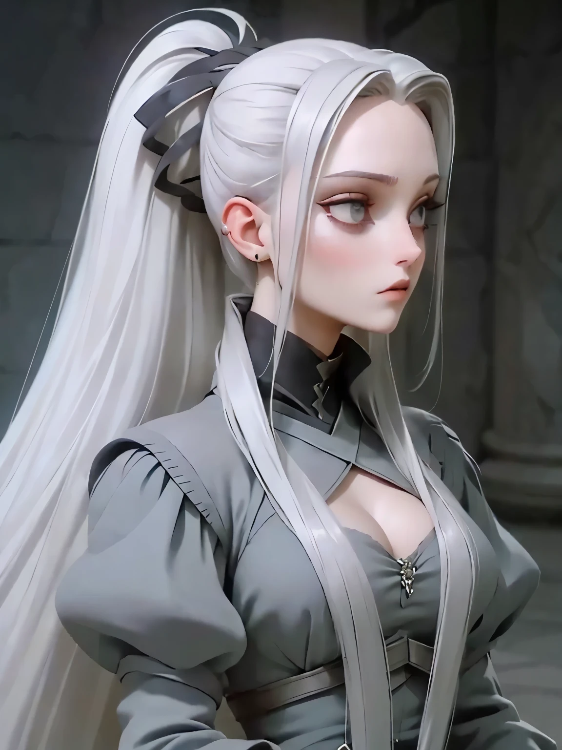 Manon is a young, extremely beautiful girl with fair skin. Long, moon white hair, ponytail and asymmetrical bangs, laid on one side, and eyes the color of pure silver. After meeting her people say, that she is the most beautiful woman, what have they ever seen