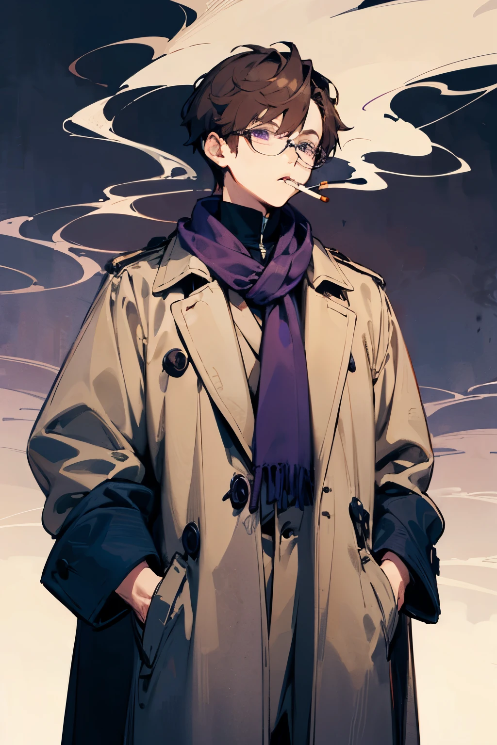 Brown hair, purple eyes, purple stole, beige clothes, dark blue coat, glasses, smoking a cigarette, boy