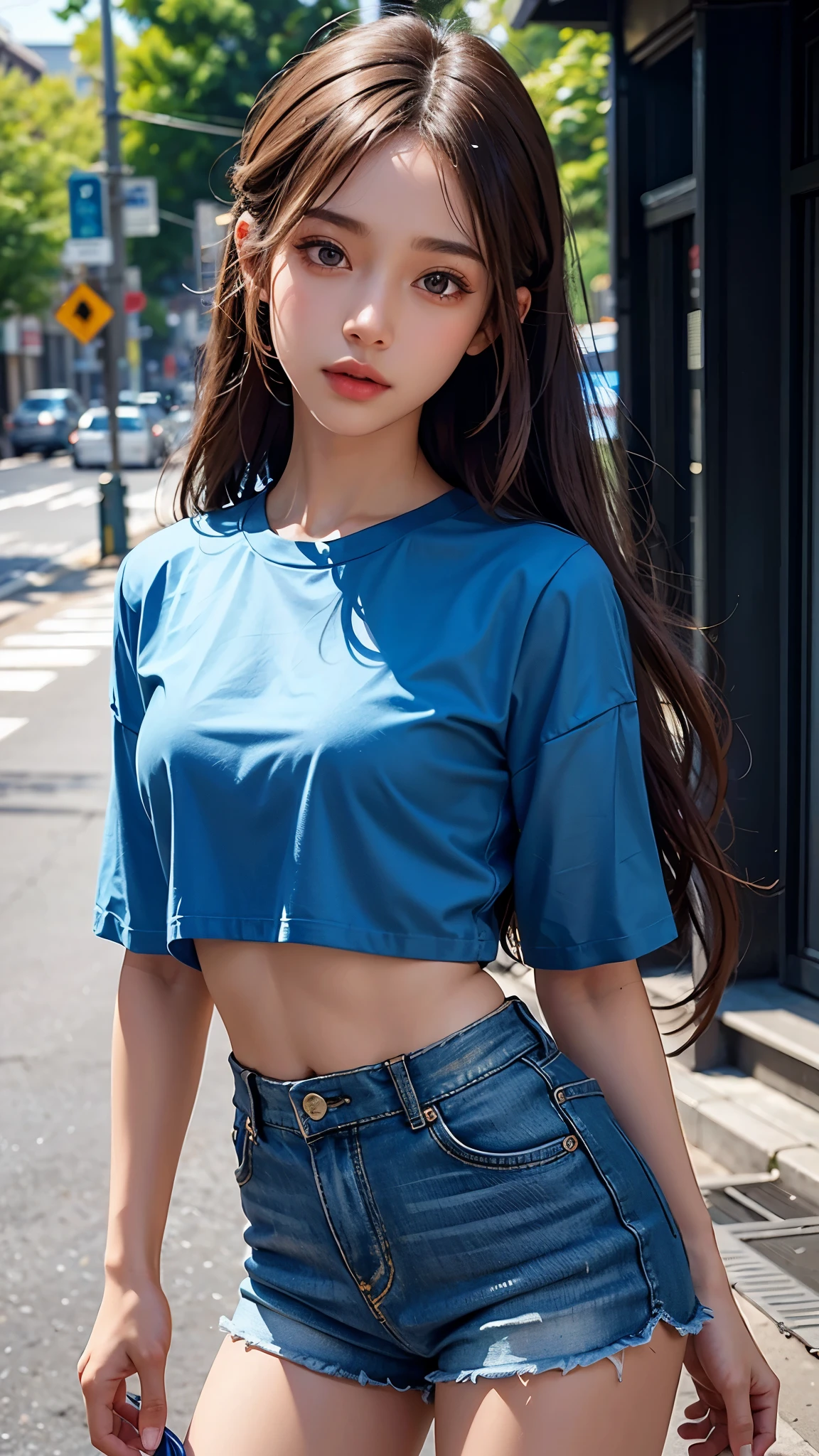 8K, masterpiece, ultra detailed, 1 girl, good face, light skin tone, very long hair, light makeup, glossy lips, small breasts, wearing blue loose half t-shirt, cropped shorts, realistic lighting, sun light, dark shadow, street background,