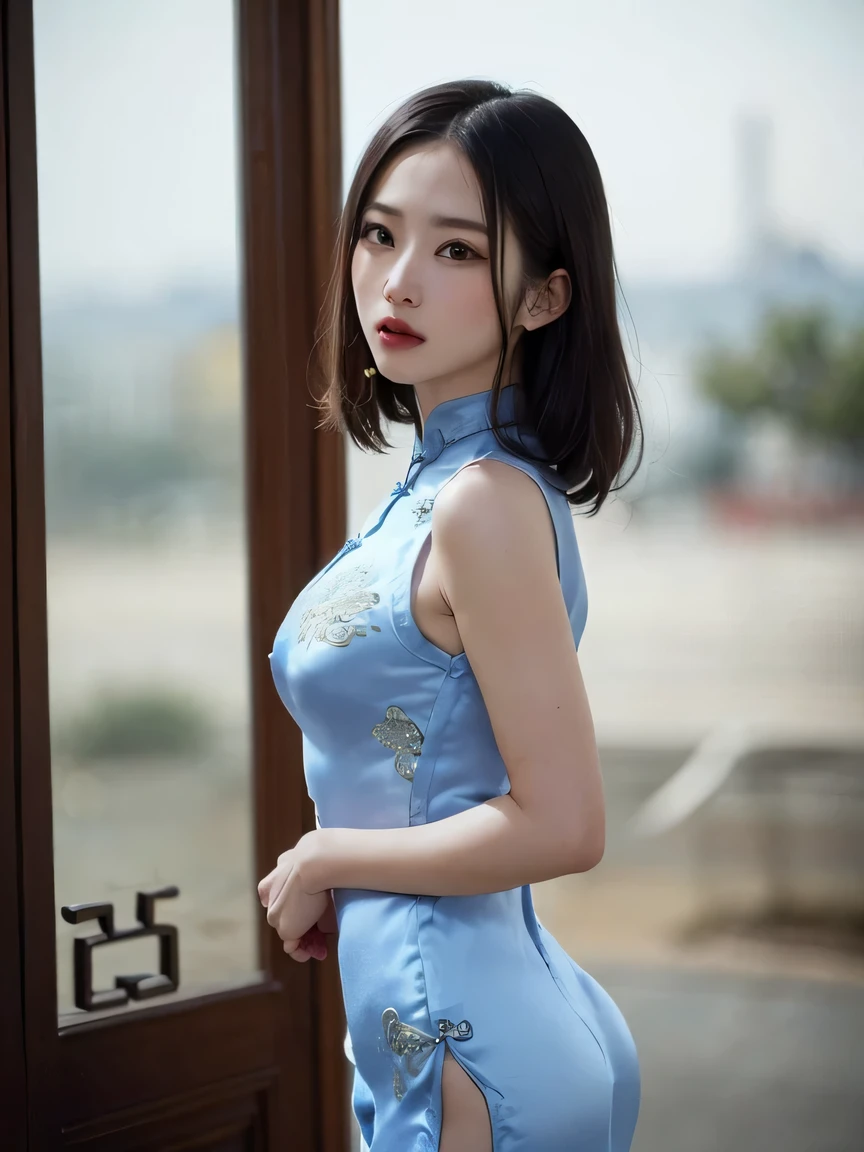 One Chinese Woman、Chinese Garden、(She is wearing a super shiny silk satin cheongsam.:1.8)、(Provocative facial expressions), (Sleeveless Chinese long dress that fits the body:1.8)、 Anatomically correct proportions, 8K, RAW shot, Best High Quality, masterpiece, realphoto, (portlate:1.5), 18-year-old Chinese beauty, beautiful hairl、(Beautiful woman with slender figure:1.5)、(medium udder:1.5)、(She wears a super shiny cheongsam with traditional colors and patterns.:1.5)、(Nipple shadow:1.5), (Angle from the side:1.5), (Arms should be lowered)