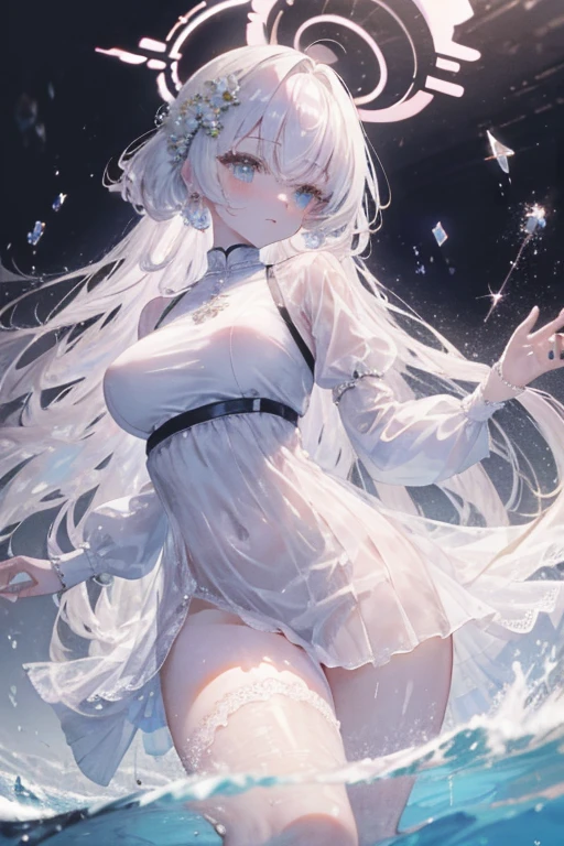 (Paradise in Heaven, white light naste piece), (Best Quality), (Cinematic), 8K, (art  stations), Li Yue&#39;s style of painting.(長いWhite hairとSilvery eyesを持つ1人の女), (Beautiful delicate face)、[ particle roux full moon] [Frozen trees々] [landscape crystal] [Lighting] [Ethereal Atmosphere]:1.1] [Fantasy, short story] [soft Lighting] [+Cinematic shot]:1.2 [+art  stations] [+Light white background] [+soft Lighting] [soft glow] [Creative and dynamic angles]:1.3, [+crystal tonina steppiece, ighly detailed, Ultra-detailed, Solo, (pale skin), Silvery eyes, White hair, (snowy background), (snowflake rose flower:1.0), (shining crystals),, (Snowy ground), (y white lacy mail、dreamy and detailed, Gorgeous settings, 妖しい雰囲気 masutepiece, The most beautiful scenes, An majestic、(((Filled with white flowers)))、quiet and serene atmosphere、A charming, all white tones,Inside the crystal library,Transparent flowers and falling snow，Many white roses are planted,(flowingwater,falls,water bloom),The decoration is also carefully finished..,Dreamy（ighly detailedです，Creative Design，crisp and precise lines，K HD，best qualtiy，tmasterpiece，超hight resolution，4K）、Beautiful white flower hair ornament in diverse poses))、Beautiful hairstyle、(Best Quality, 4K, 8K, hight resolution, masutepiece:1.2), Ultra-detailed, Detailed expression, Graceful posture, expressive brush strokes, mystic atmosphere, artistic interpretation,Delicate floral jewelry， (((Detailed design、Beautiful dress with sheer lace、see-through little dress)))、(SFW:1.5), (Oversized breest body proportions, The proportion of large breasts,:1gular crystal accessories on the arms are decorated in white。))、(((maikurobikini)))