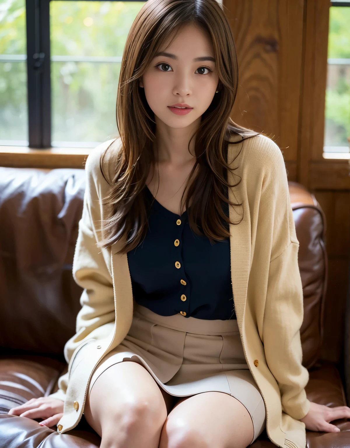 Best quality at best, Face focus, gentlesoftlighting, 超高分辨率, (realistically:1.4), RAW photogr,
1 japanese girl, Alone, Cute big breasts, Short hair details，(roundly eyes, There is light in the eyes),  Detailed beautiful face, (Small under breasts),(High-resolution detail of human skin texture),
(Short hair),
sitting in the couch,
Cardigan jacket，The shirt, a skirt,
(upper thigh)