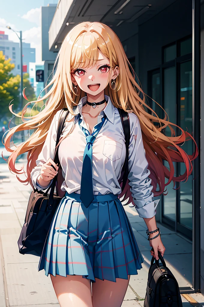 (((masterpiece))), MarinKitagawa, 1girl, long hair, looking at viewer, blush, smile, open mouth, skirt, blonde hair, large breasts, shirt, red eyes, 1boy, holding, cleavage, jewelry, school uniform, white shirt, :d, pleated skirt, earrings, outdoors, necktie, teeth, solo focus, choker, collared shirt, bag, blurry, bracelet, blue skirt, plaid, blurry background, black choker, plaid skirt, phone, piercing, cellphone, ear piercing, holding phone, school bag, blue necktie, tied shirt, bead bracelet,