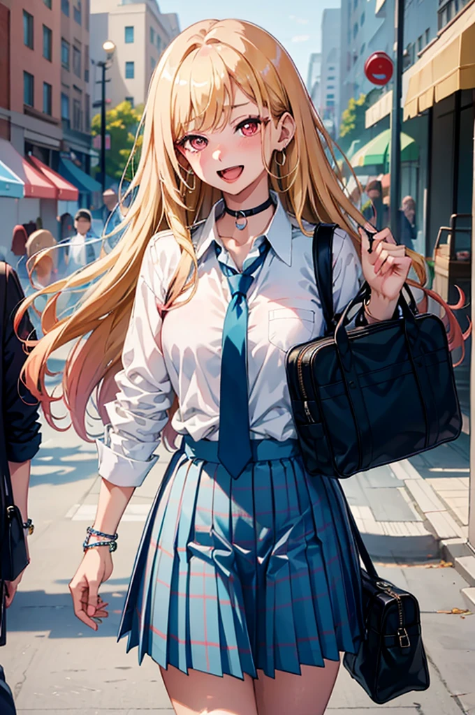 (((masterpiece))), MarinKitagawa, 1girl, long hair, looking at viewer, blush, smile, open mouth, skirt, blonde hair, large breasts, shirt, red eyes, 1boy, holding, cleavage, jewelry, school uniform, white shirt, :d, pleated skirt, earrings, outdoors, necktie, teeth, solo focus, choker, collared shirt, bag, blurry, bracelet, blue skirt, plaid, blurry background, black choker, plaid skirt, phone, piercing, cellphone, ear piercing, holding phone, school bag, blue necktie, tied shirt, bead bracelet,