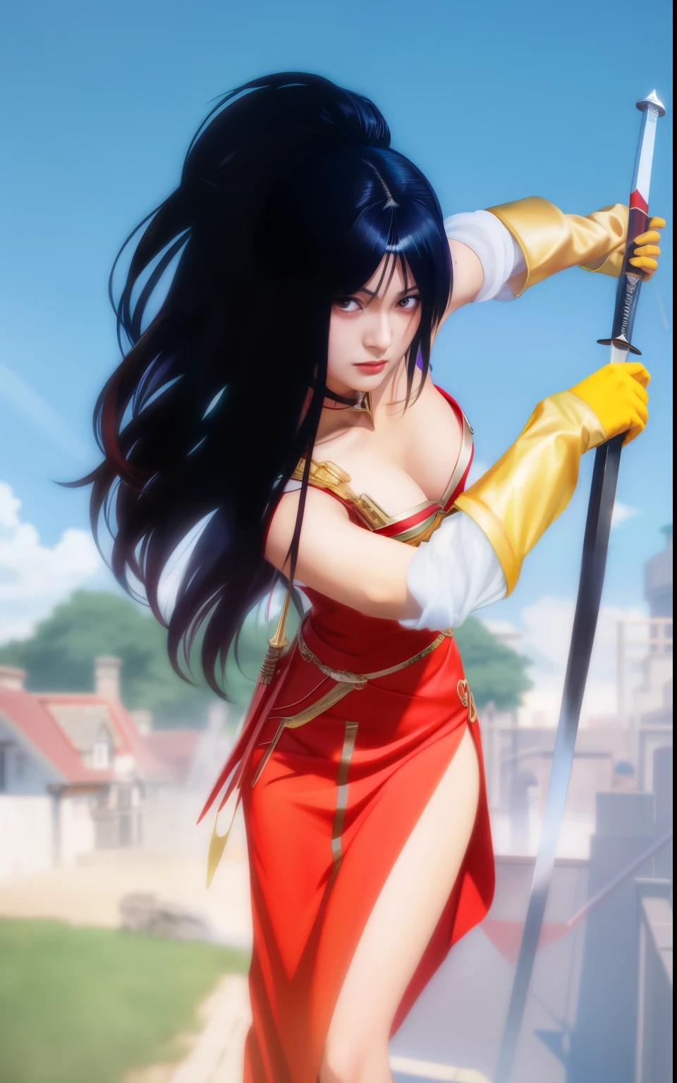 Realistic,a close up of a woman in a red dress holding a sword, anime , anime girl , anime character; full body art, , masayoshi suto and artgerm, professional , realistic , anime girl in real life, ruan jia and artgerm, cosplayer, kunoichi, trending artgerm, anime goddess, photo realistic, masterpiece