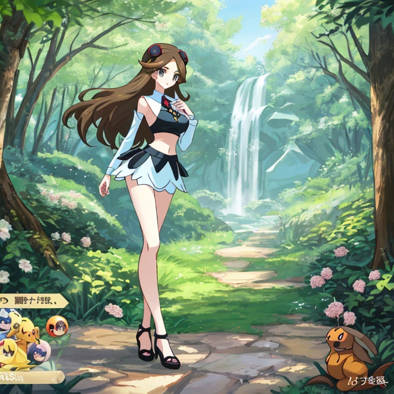 a beauty girl１、Appearance、large full breasts、thin-waist、Slender eyes、long brown hair、pokemon trainer、poke ball