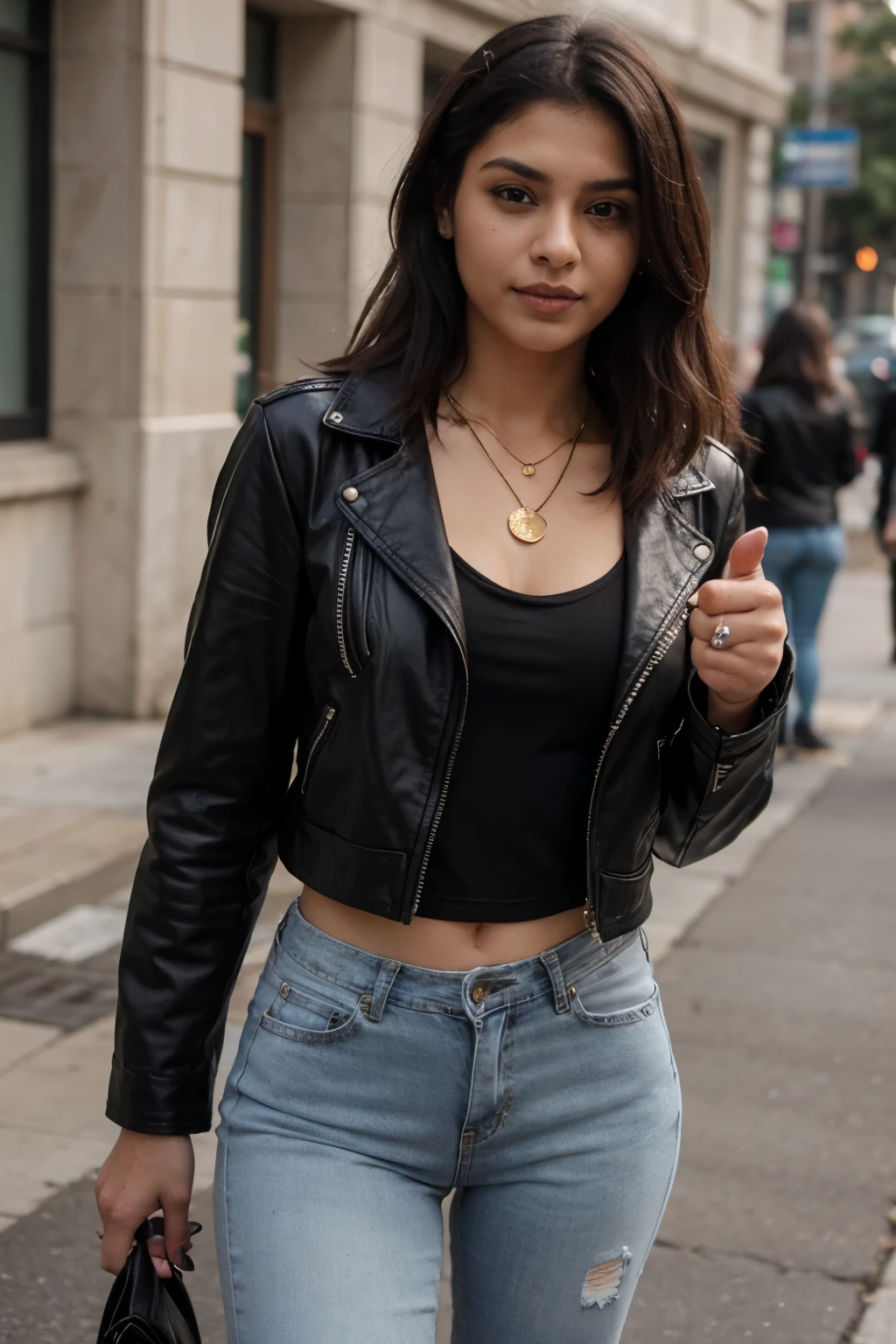 [((Sophie Tan:1.2)), a young and attractive Asian woman, walking confidently down a bustling city street. She is wearing ((a stylish black leather jacket over a white crop top, paired with high-waisted denim jeans and ankle boots:1.2)). Her hair is styled in loose waves, and she has a subtle makeup look with bold red lipstick. The background showcases an urban setting with graffiti-covered walls, street art, and city lights. Captured in mid-stride pose with an ((85mm lens:1.2)) for a slight background blur, highlighting Sophie. The image should be ((ultra-realistic:1.3)), in ((8K resolution:1.1)), with ((vibrant colors and high detail:1.2)).]