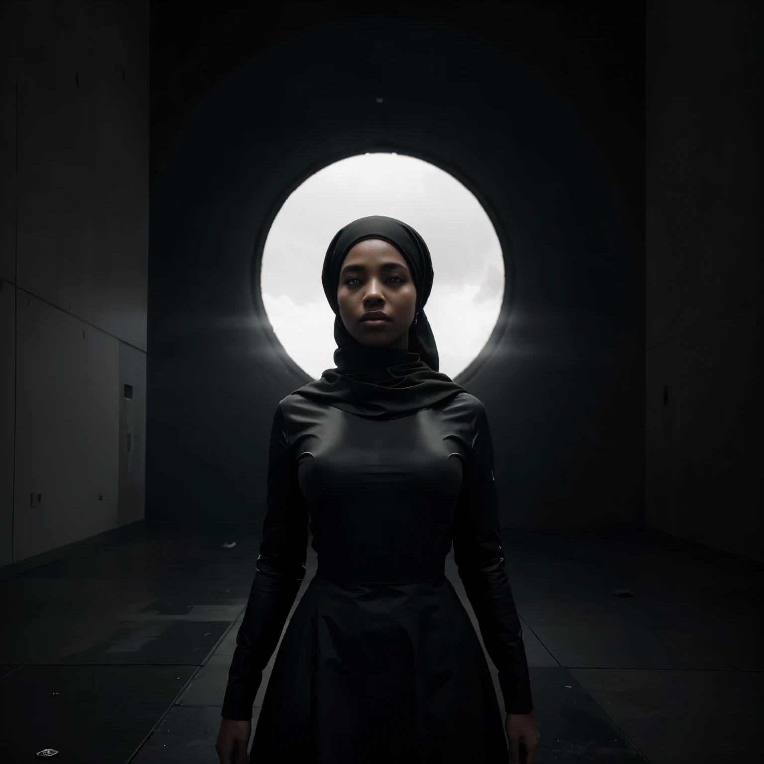 In a desolate and empty space, a black woman stands on a red circle, her red shariah Islamic dress billowing in the wind. The black and grey atmosphere adds a sense of mystery and intrigue, while the piercing light creates a dramatic and visually stunning effect. This image, rendered in the style of artgerm, will leave you in awe.