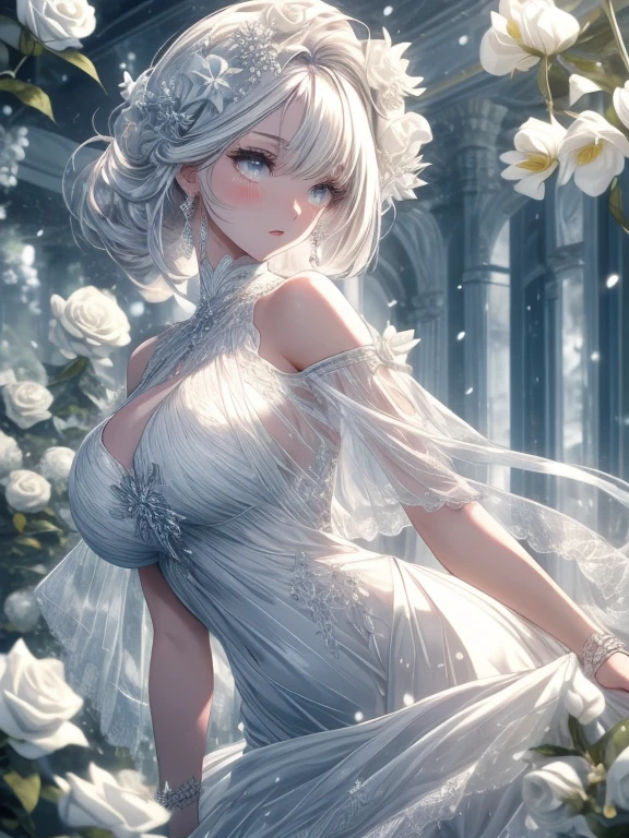 Paradise in Heaven, white light naste piece), (Best Quality), (Cinematic), 8K, (art  stations), Li Yue&#39;s style of painting.(長いWhite hairとSilvery eyesを持つ1人の女), (Beautiful delicate face)、[ particle roux full moon] [Frozen trees々] [landscape crystal] [Lighting] [Ethereal Atmosphere]:1.1] [Fantasy, short story] [soft Lighting] [+Cinematic shot]:1.2 [+art  stations] [+Light white background] [+soft Lighting] [soft glow] [Creative and dynamic angles]:1.3, [+crystal tonina steppiece, ighly detailed, Ultra-detailed, Solo, (pale skin), Silvery eyes, White hair, (snowy background), (snowflake rose flower:1.0), (shining crystals),, (Snowy ground), (sexy white lacy mail、dreamy and detailed, Gorgeous settings, 妖しい雰囲気 masutepiece, The most beautiful scenes, An majestic、(((Filled with white flowers)))、quiet and serene atmosphere、A charming, all white tones,Inside the crystal library,Transparent flowers and falling snow，Many white roses are planted,(flowingwater,falls,water bloom),The decoration is also carefully finished..,Dreamy（ighly detailedです，Creative Design，crisp and precise lines，K HD，best qualtiy，tmasterpiece，超hight resolution，4K）、Beautiful white flower hair ornament in diverse poses))、Beautiful hairstyle、(Best Quality, 4K, 8K, hight resolution, masutepiece:1.2), Ultra-detailed, Detailed expression, Graceful posture, expressive brush strokes, mystic atmosphere, artistic interpretation,Delicate floral jewelry， (((Detailed design、Beautiful dress with sheer lace、see-through little dress)))、(SFW:1.5), (Oversized breasts, best body proportions, The proportion of large breasts,:1.5),(Regular crystal accessories on the arms are decorated in white。))、(((Design with wide open chest)))