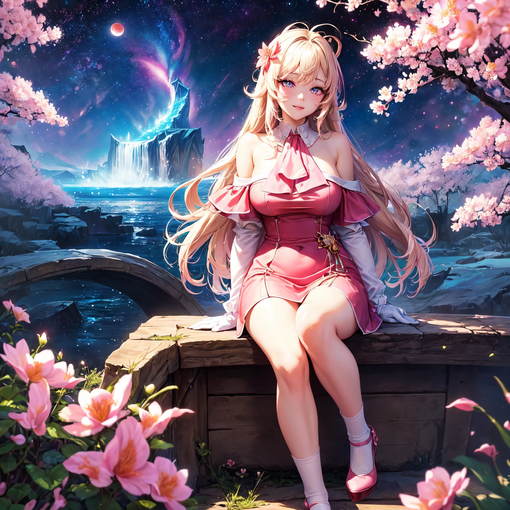 official art, masterpiece, sharp focueautiful gorgeous cute Korean woman:1.3), (beautiful cute korean:1.3), (beautiful amd aesthetic:1.3), korean beauty, Delicate and beautiful hair and eyes and face, realistic, ultra detailed, beautiful girl, blue sky, glow white particle, (sidelighting:1.2), sun light, white cloud, detailed clouds, slender, Lovely very large breasts and very large hips,showing pink slip, (((shy and aroused, pink Star-shaped pupils wink eyes)), (((Cuteness:1.5)), scenery, long straight hair, sexy facial expression, build (Blossomscape:1.7), dynamic hair, blonde long straight hair, detailed hair, streaked hair, glow pink wink eyes, sitting on boat in Waterfall (white shoulder strap+fiery rose Ascot dress+white off shoulder blouse), (white long socks:1), pale skin, epic scenery, hair ornament, Princess white gloves, sexy look, ((bloodmoon:1)), ((PinkGalaxySky:1.7)), Black High heels sole decoration
