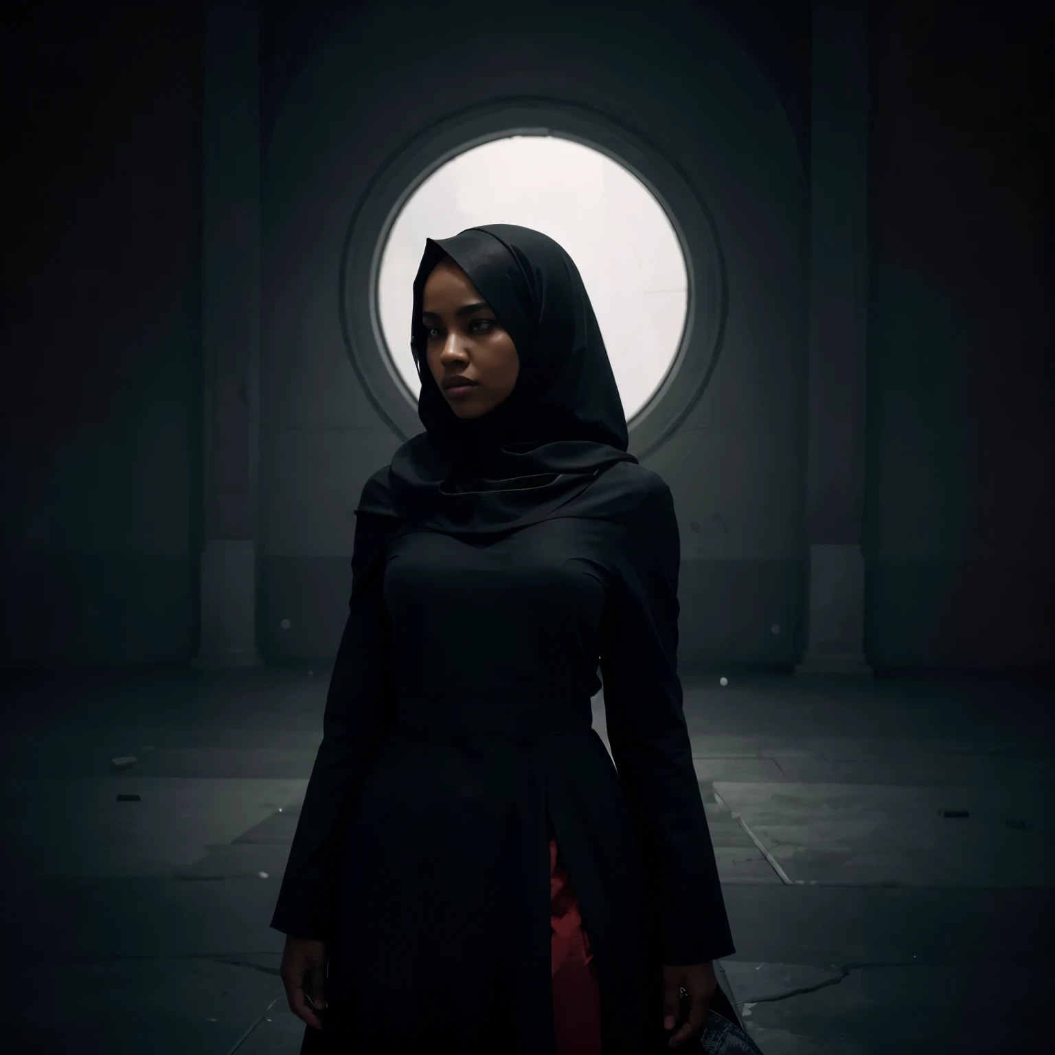 In a desolate and empty space, a black woman stands on a red circle, her red shariah Islamic dress billowing in the wind. The black and grey atmosphere adds a sense of mystery and intrigue, while the piercing light creates a dramatic and visually stunning effect. This image, rendered in the style of artgerm, will leave you in awe.
