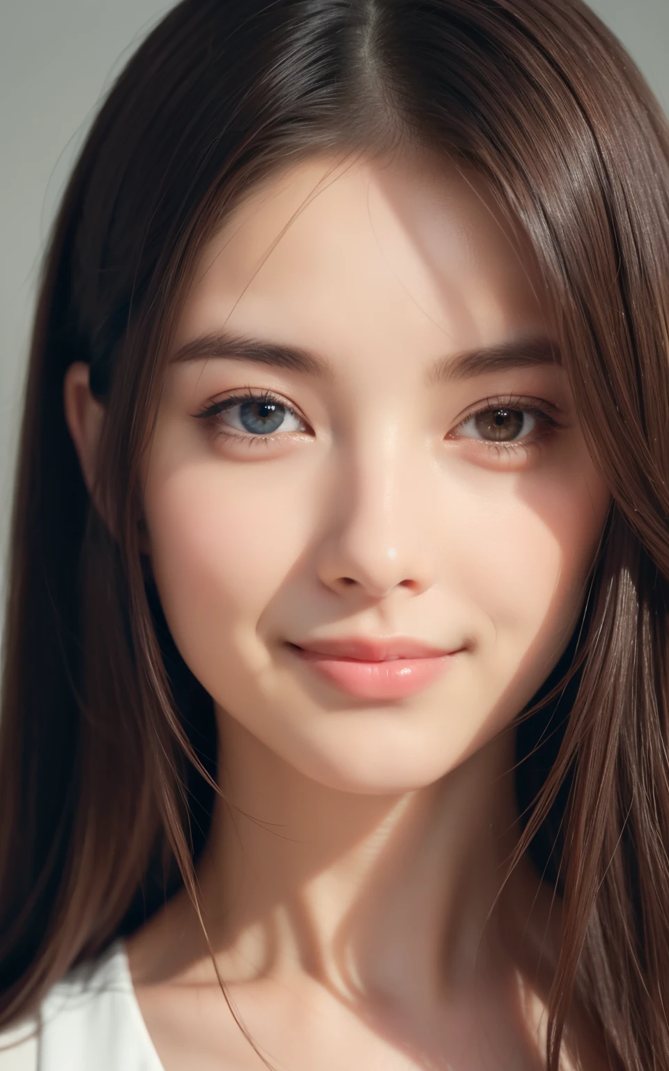 masterpiece, Best Quality, 8K, 1 girl, 20 yo, closed mouth, happy smile, close-up, Close-up of face, Solo, Cute, Girly, Delicate girl, Neat and clean beauty, Raw photo, Professional Photography, Portrait, Soft light, Professional Lighting, Back lighting, look away, avert your eyes, Sophisticated, Film grain, (Eyes and faces with detailed:1.0), medium length floating hair, Beautiful flowing hair,