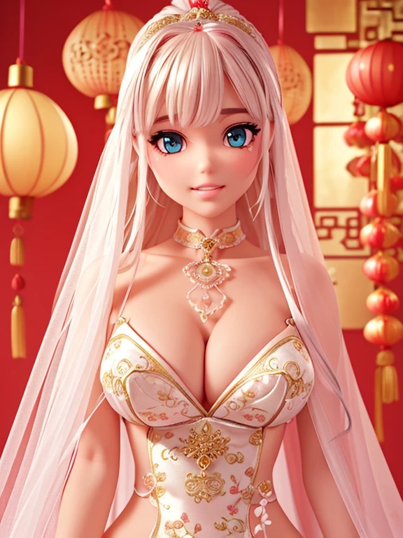 dual horsetail，（（（The eyes are delicate）））（（（hair adornments）））（（（veils））），choker necklace，Barbie doll wearing transparent sexy gauze， ((Skin glows))The room is filled with Chinese New Year decorations（（（tmasterpiece）））， （（Best quality at best））， （（intricately details））， （（hyper realisitc））（8K）