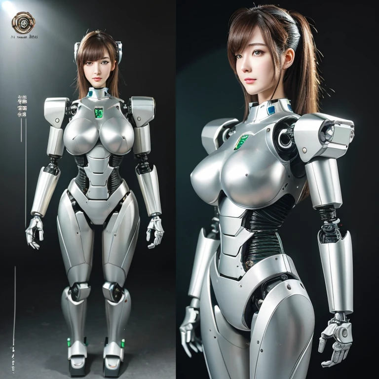 masuter piece、An ultra-high picture quality、Please draw a female robot that has been modified into an emotionless robot., The model is a Japanese woman in her 40s with an obese body and semi-long brown hair., The body of the robot is silver metallic from the neck down., Mechanical joints of spherical parts, Mechanical Parts Ear、power switch on forehead、Green eyes, After becoming a robot, he loses his emotions and has no expression on his face., Very big big breasts、Glamorous body、There is a seam in the crotch area,Internal machinery exposed, Highlight the emotionless robot, Make the metal skeleton and wiring visible through the gaps between the robot's joints.、Full body standing picture