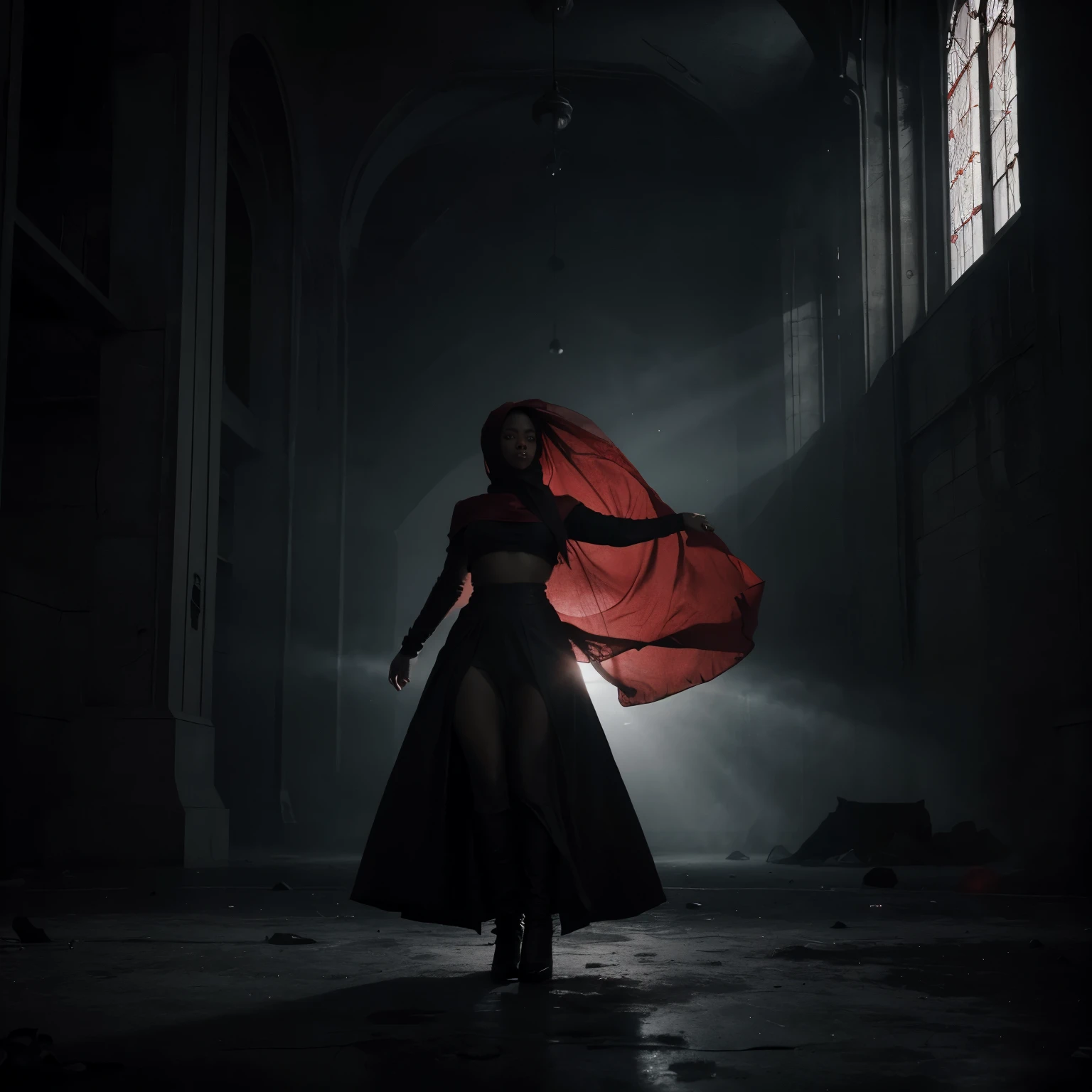 In a desolate and empty space, a black woman stands on a red circle, her red shariah Islamic dress billowing in the wind. The black and grey atmosphere adds a sense of mystery and intrigue, while the piercing light creates a dramatic and visually stunning effect. This image, rendered in the style of artgerm, will leave you in awe.