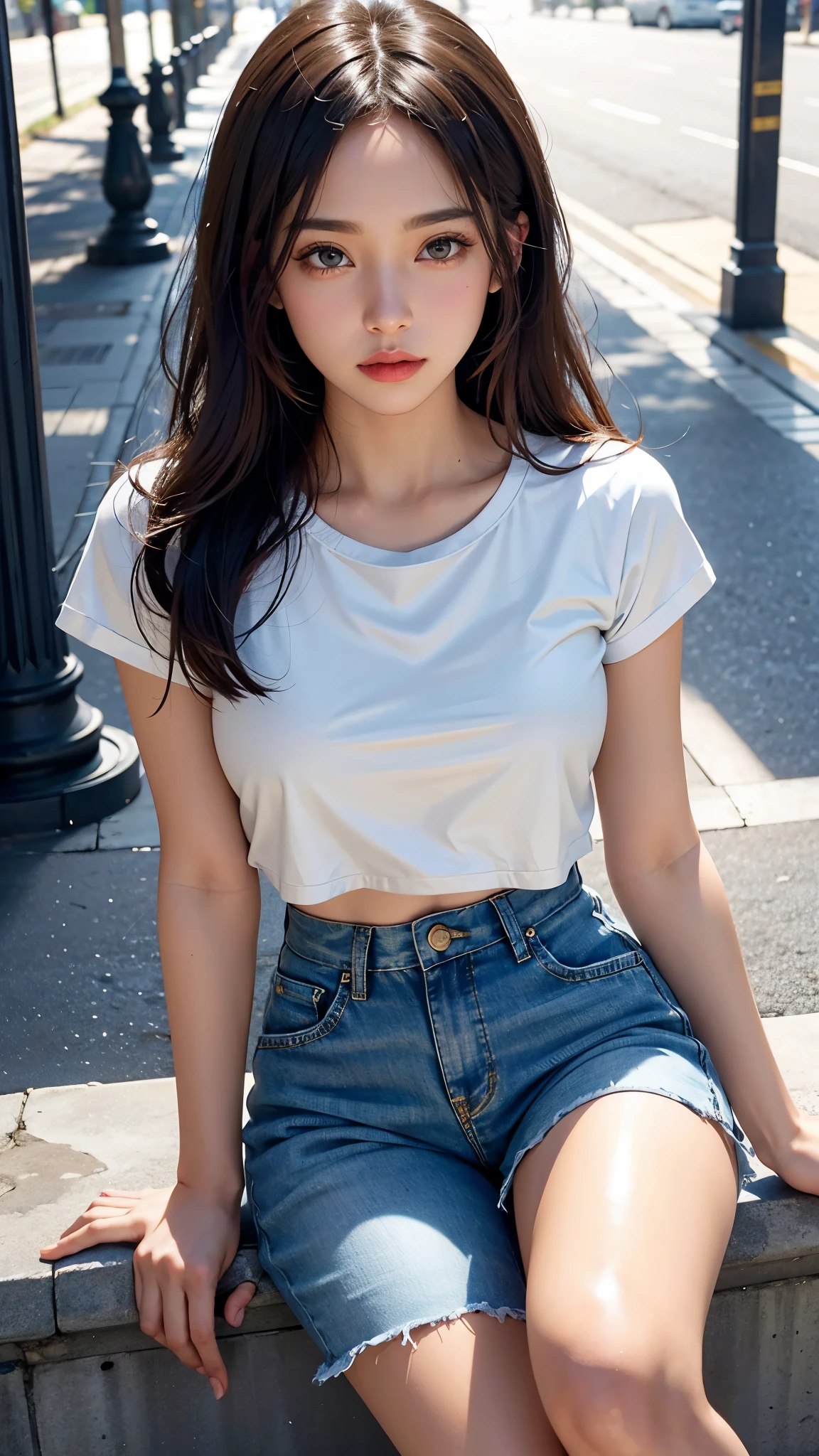 8K, masterpiece, ultra detailed, 1 girl, good face, light skin tone, very long hair, light makeup, glossy lips, small breasts, wearing white loose half t-shirt, cropped shorts, realistic lighting, sun light, dark shadow, street background, sitting,