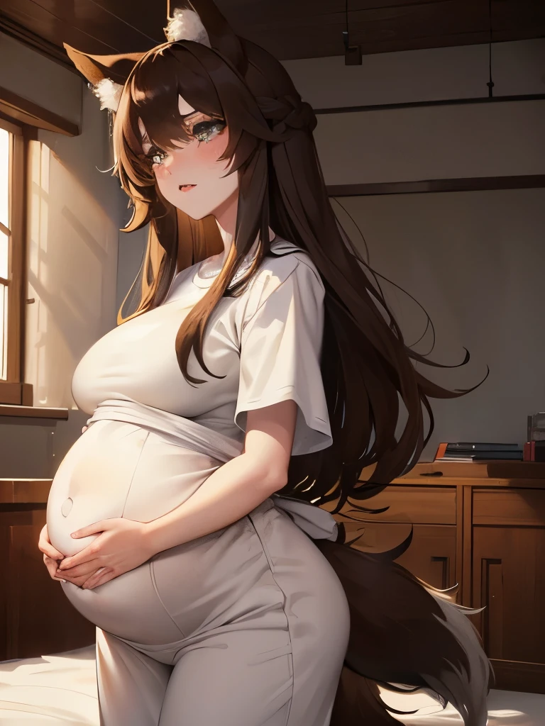 Girl, fox ears, fox tail, brown fur, long hair, wavy hair, brown hair, green eyes, comfortable clothes, soft clothes, pastel clothes, tall, lounging, pale skin, woman, very pregnant, huge baby bump, labour, pained expression, laying in bed, contraction, crying, hospital, pain, agony, hospital bed, big baby bump, round baby bump, big pregnancy belly, crying in pain, painful labour, scared, comfort, exhausted, eyebrows furrowed, hands on baby bump, pregnancy belly