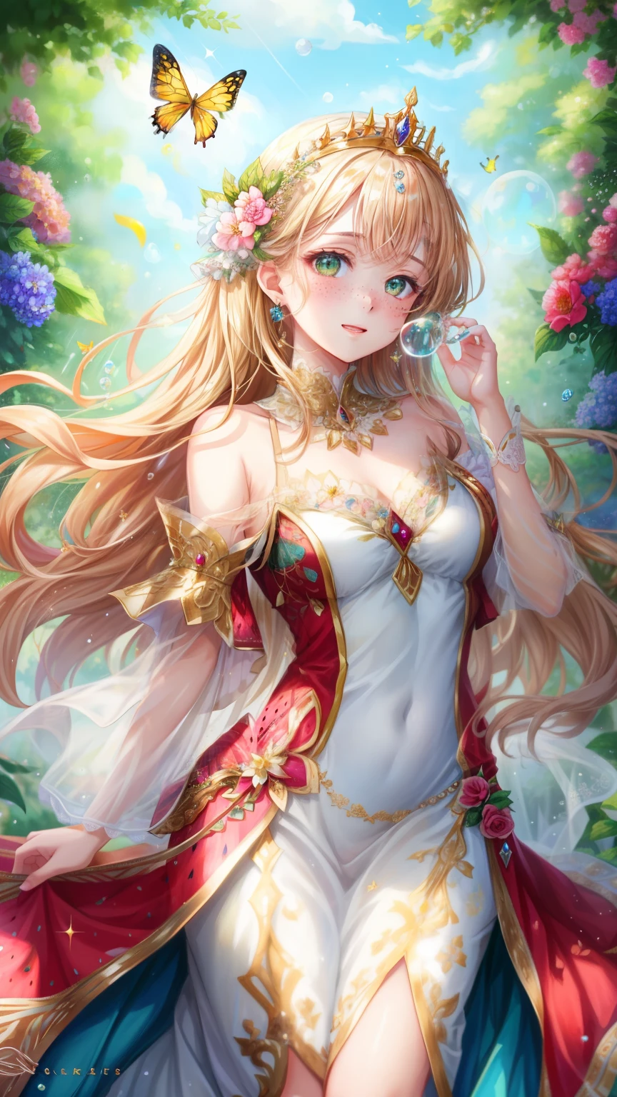beautiful princess in watermelon dress,watermelon pattern dress,golden tiara,sparkling jewels,cute freckles,rosy cheeks,long flowing hair,vibrant green eyes,dainty fingers,graceful posture,royal garden backdrop,lush greenery,colorful flowers,floating bubbles,magical sparkles,butterflies fluttering around,dreamy atmosphere,majestic presence,bright sunshine,soft natural lighting,refreshing watermelon fragrance,pure and innocent expression,ethereal beauty,delicate details,high quality rendering,ultra-detailed artwork,vivid colors,painterly style,warm hues,subtle shadows