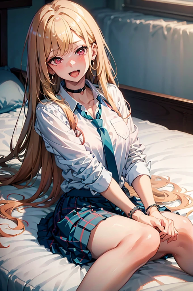 (((masterpiece))), MarinKitagawa, 1girl, long hair, looking at viewer, blush, close moutch, skirt, blonde hair, large breasts, shirt, red eyes, 1boy, holding, cleavage, jewelry, school uniform, white shirt, :d, pleated skirt, earrings, bed, necktie, solo focus, choker, collared shirt, blurry, bracelet, blue skirt, plaid, ((lying on bed:1.4)), black choker, plaid skirt, phone, piercing, cellphone, ear piercing, blue necktie, tied shirt, bead bracelet,
