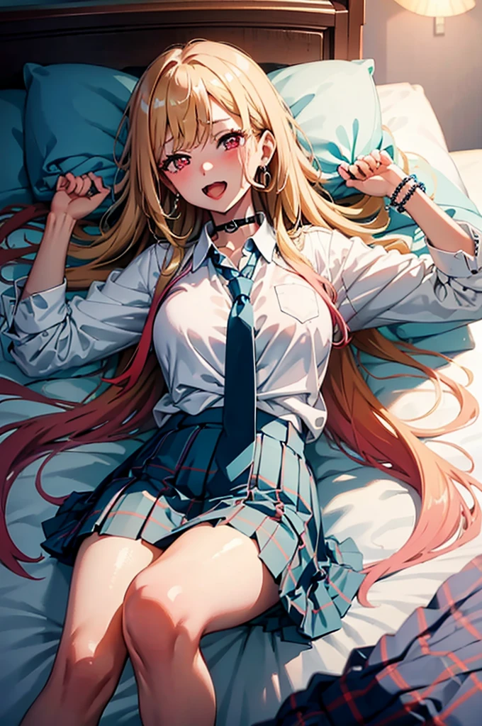 (((masterpiece))), MarinKitagawa, 1girl, long hair, looking at viewer, blush, close moutch, skirt, blonde hair, large breasts, shirt, red eyes, 1boy, holding, cleavage, jewelry, school uniform, white shirt, :d, pleated skirt, earrings, bed, necktie, solo focus, choker, collared shirt, blurry, bracelet, blue skirt, plaid, ((lying on bed:1.4)), black choker, plaid skirt, phone, piercing, cellphone, ear piercing, blue necktie, tied shirt, bead bracelet,