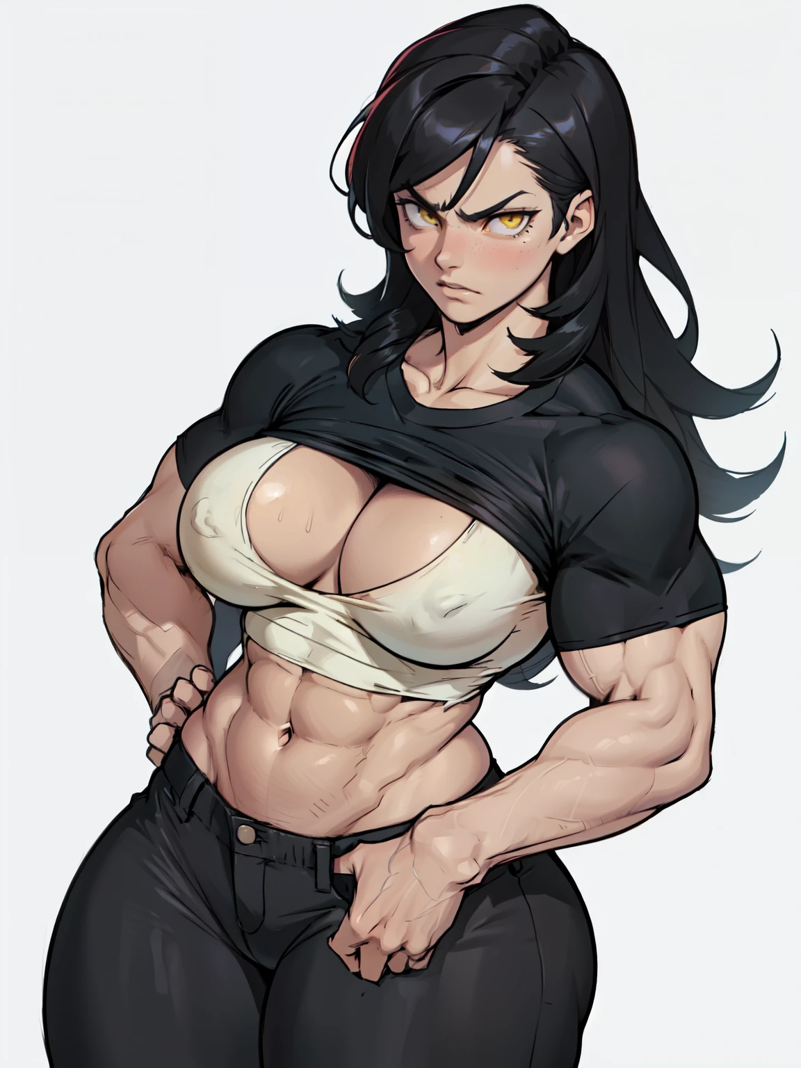 (((((muscular))))), (((thick thighs, perky breasts chest, toned body, 1 girl))), black hair, pale skin, yellow eyes, angry, very long hair, ((waistup)) tight shirt tight pants