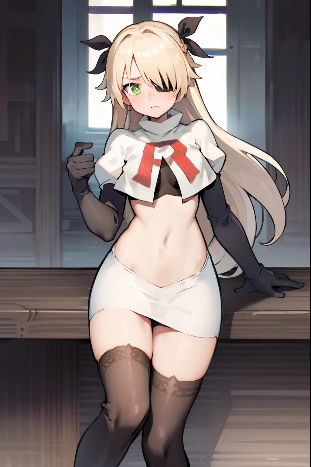 absurdres, fischl (dunkelnacht sakrament) (genshin impact), green eyes, (white pupils:1.2), fischl (genshin impact), medium_breasts, blonde hair, eyepatch, long hair, hair over one eye, bangs, hair ribbon, small breasts, 1girl, team rocket,team rocket uniform,white skirt,red letter R,crop top,black thigh-highs,black elbow gloves, embarrassed, blush