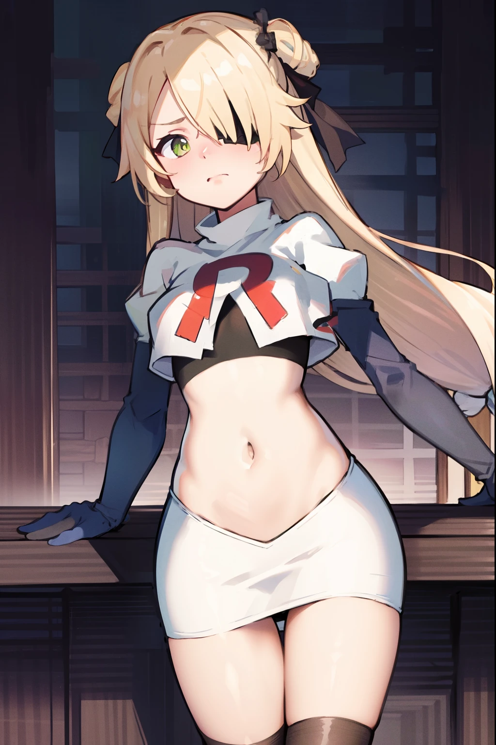 absurdres, fischl (dunkelnacht sakrament) (genshin impact), green eyes, (white pupils:1.2), fischl (genshin impact), medium_breasts, blonde hair, eyepatch, long hair, hair over one eye, bangs, hair ribbon, small breasts, 1girl, team rocket,team rocket uniform,white skirt,red letter R,crop top,black thigh-highs,black elbow gloves, embarrassed, blush