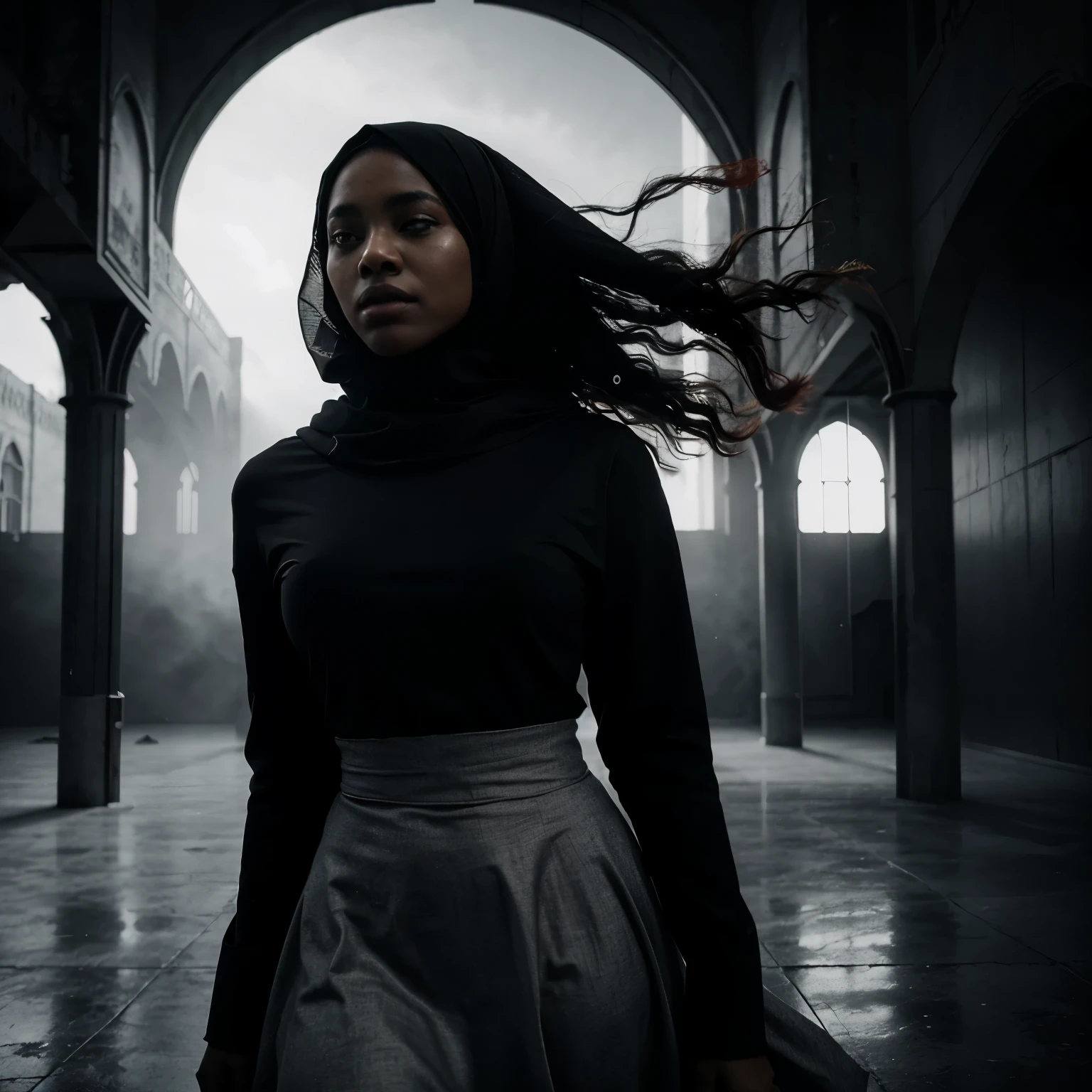 In a desolate and empty space, a black woman stands on a red circle, her red shariah Islamic dress billowing in the wind. The black and grey atmosphere adds a sense of mystery and intrigue, while the piercing light creates a dramatic and visually stunning effect. This image, rendered in the style of artgerm, will leave you in awe.