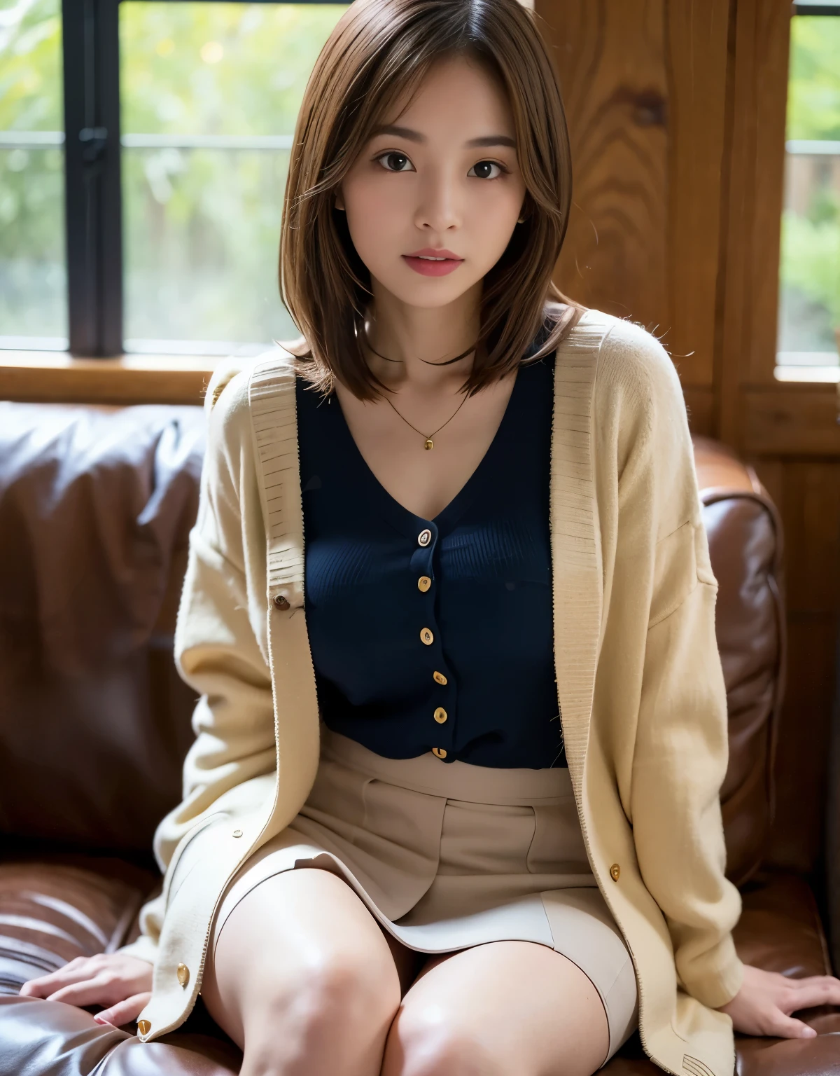 actual, A high resolution, Best light and shadow，1 girl, short detailed hair，japanaese girl，Black bandeau，knit Cardigan，tmasterpiece,
