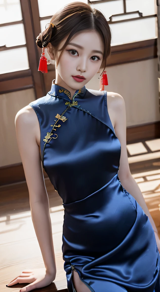 One Chinese Woman、Chinese Garden、(She is wearing a super shiny silk satin cheongsam.:1.8)、(Provocative facial expressions), (Sleeveless Chinese long dress that fits the body:1.8)、 Anatomically correct proportions, 8K, RAW shot, Best High Quality, masterpiece, realphoto, (portlate:1.5), 18-year-old Chinese beauty, beautiful hairl、(Beautiful woman with slender figure:1.5)、(medium udder:1.5)、(She wears a super shiny cheongsam with traditional colors and patterns.:1.5)、(Nipple shadow:1.5), (Angle from the side:1.5), (Arms should be lowered)