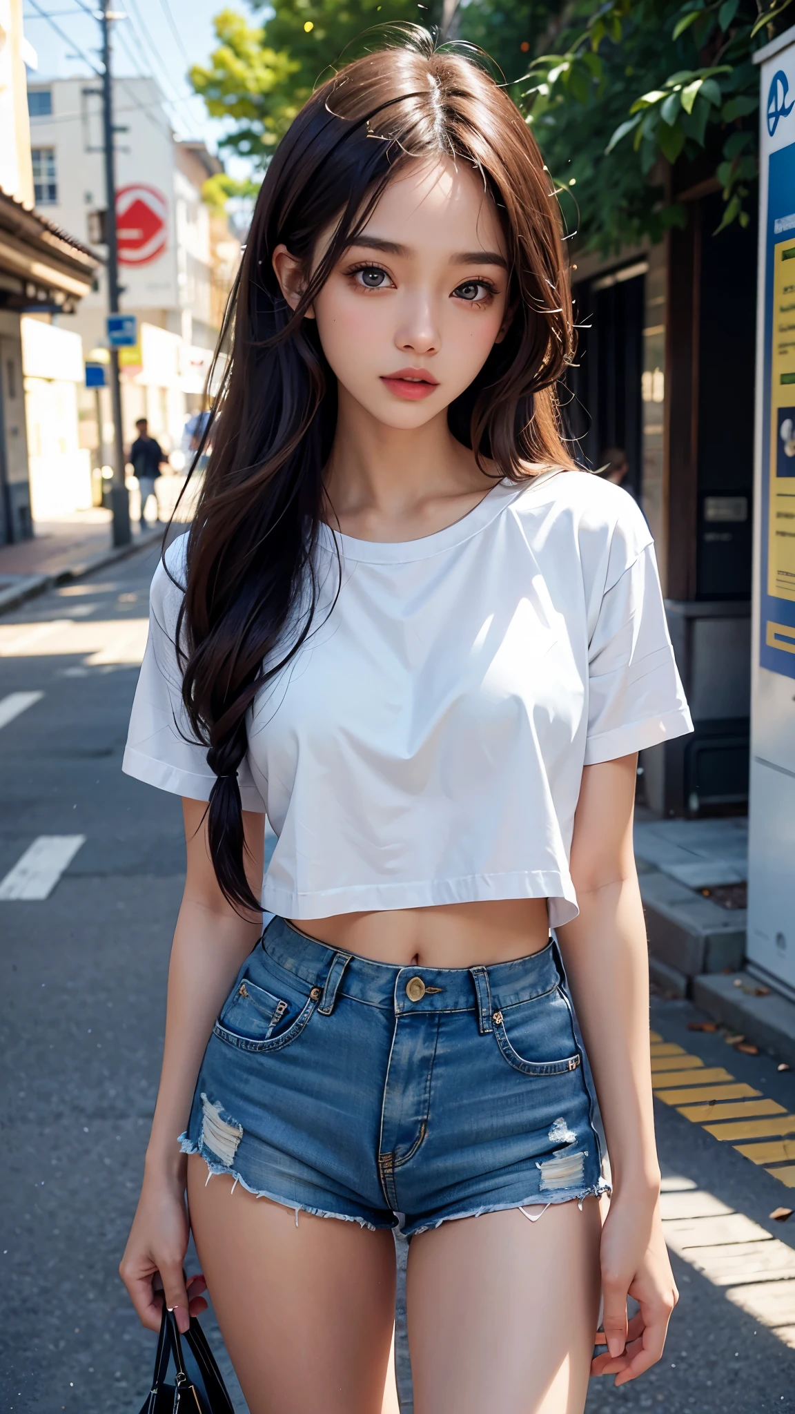 8K, masterpiece, ultra detailed, 1 girl, good face, light skin tone, very long hair, light makeup, glossy lips, small breasts, wearing white loose half t-shirt, cropped shorts, realistic lighting, sun light, dark shadow, street background,