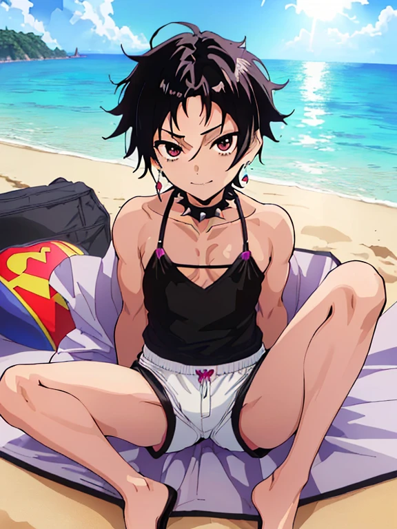 (((Official art,superfine illustration,hight resolution, masutepiece, best qualtiy,Best Quality,)))hightquality, detaileds, (A ),12 years omale idol with a super cute face,A boy as beautiful as Planding, Cool handsome face with smile, the beachサンダル、Long legs, thighs thighs thighs thighs, Foots, Bulge, (Black hair、Spiky hairstyle)、Shiny hair, (Upper body bikini), (Tight shorts on the lower body), sand beach、Cool pose, (厚いthighs thighs thighs thighs、Seduce your big ass to your crotch)、(((the beach)))、((cocky、))、Smirk、Spread legs,Ultra-fine painting, (Best Quality, 4K, 8K, hight resolution, masutepiece:1.2),(((Being aware of the sexual gaze of middle-aged gay men)))、Service Shots、((detailedsな目:1.2))