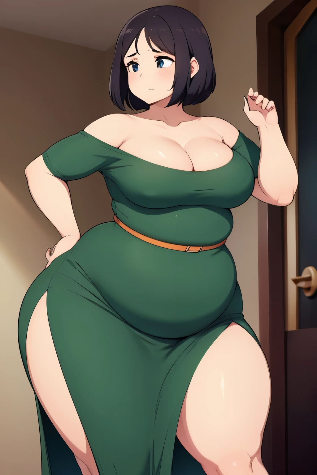 1woman, tight wrap dress, too small wrap dress, very exposed cleavage. fat. chubby. chubby belly. even tighter dress. fat ass.