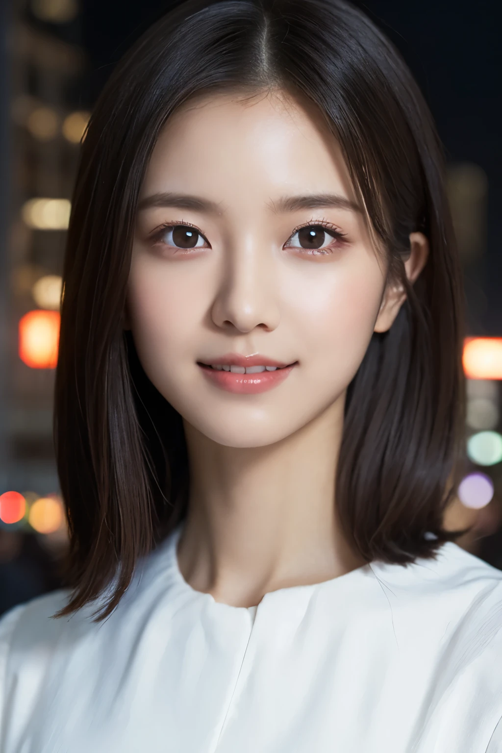 1girl in, (Wearing a white blouse:1.2), (Raw photo, Best Quality), (Realistic, Photorealsitic:1.4), masutepiece, Extremely delicate and beautiful, Extremely detailed, 2k wallpaper, amazing, finely detail, the Extremely Detailed CG Unity 8K Wallpapers, Ultra-detailed, hight resolution, Soft light, Beautiful detailed girl, extremely detailed eye and face, beautiful detailed nose, Beautiful detailed eyes, Cinematic lighting, city light at night, Perfect Anatomy, Slender body, Smiling