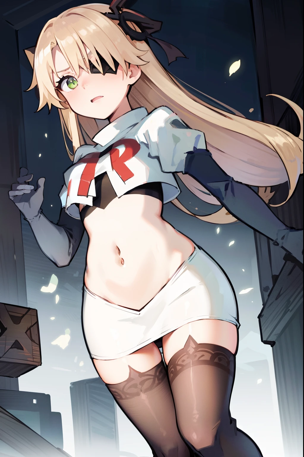 absurdres, fischl (dunkelnacht sakrament) (genshin impact), green eyes, (white pupils:1.2), fischl (genshin impact), medium_breasts, blonde hair, eyepatch, long hair, hair over one eye, bangs, hair ribbon, small breasts, 1girl, team rocket,team rocket uniform,white skirt,red letter R,crop top,black thigh-highs,black elbow gloves, embarrassed, blush