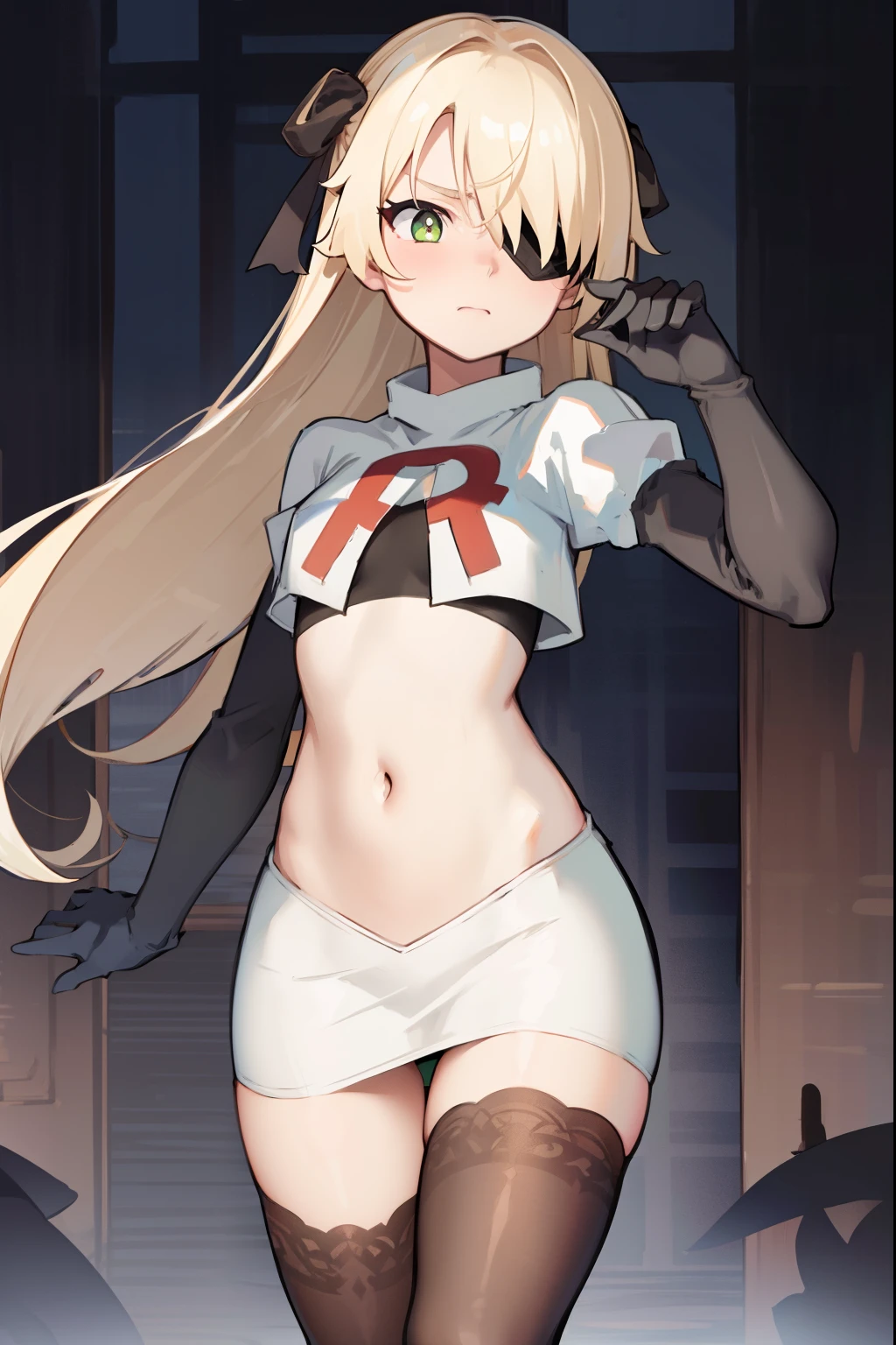 absurdres, fischl (dunkelnacht sakrament) (genshin impact), green eyes, (white pupils:1.2), fischl (genshin impact), medium_breasts, blonde hair, eyepatch, long hair, hair over one eye, bangs, hair ribbon, small breasts, 1girl, team rocket,team rocket uniform,white skirt,red letter R,crop top,black thigh-highs,black elbow gloves, embarrassed, blush