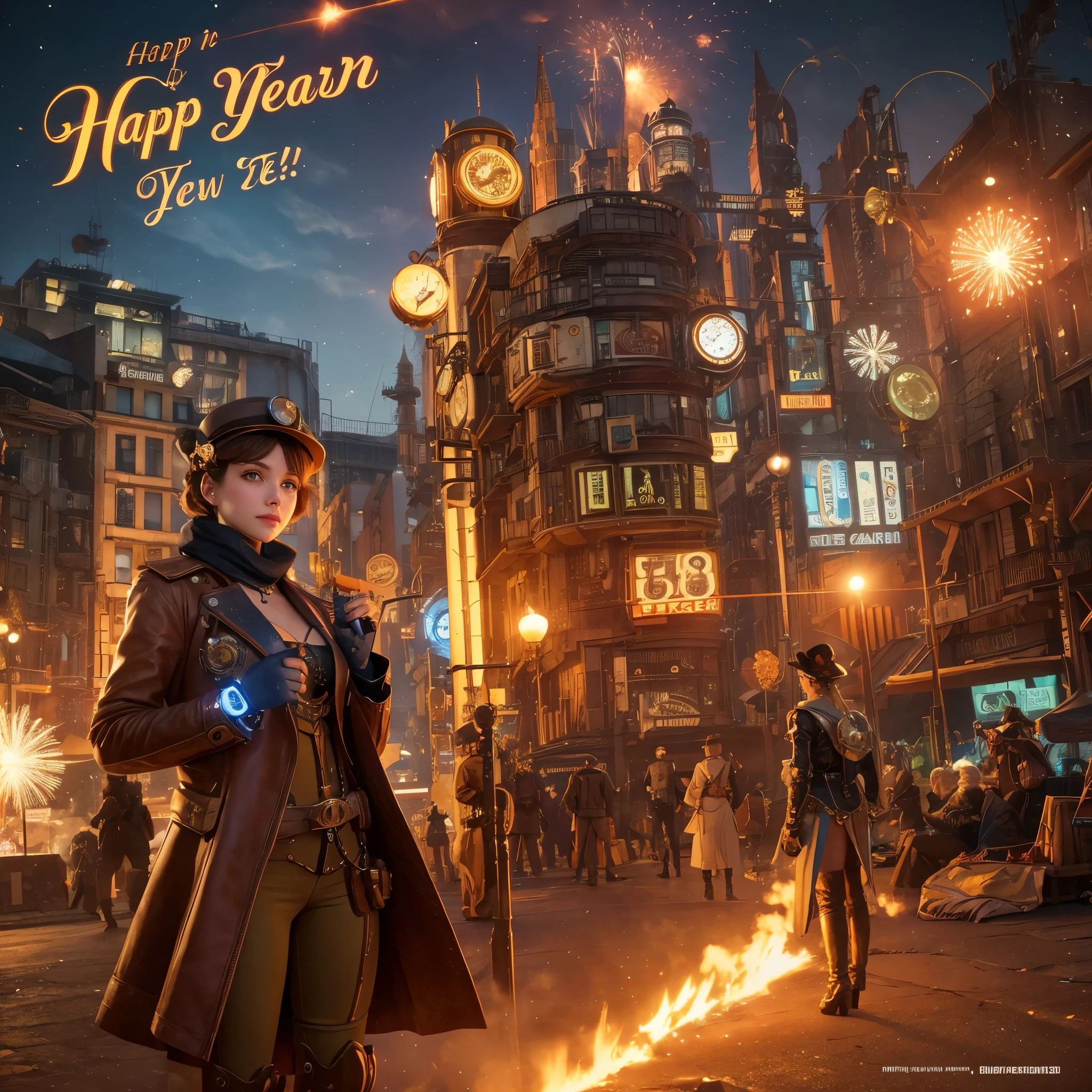 retrofuturism   steampunk say "Happy New Year 2024!"