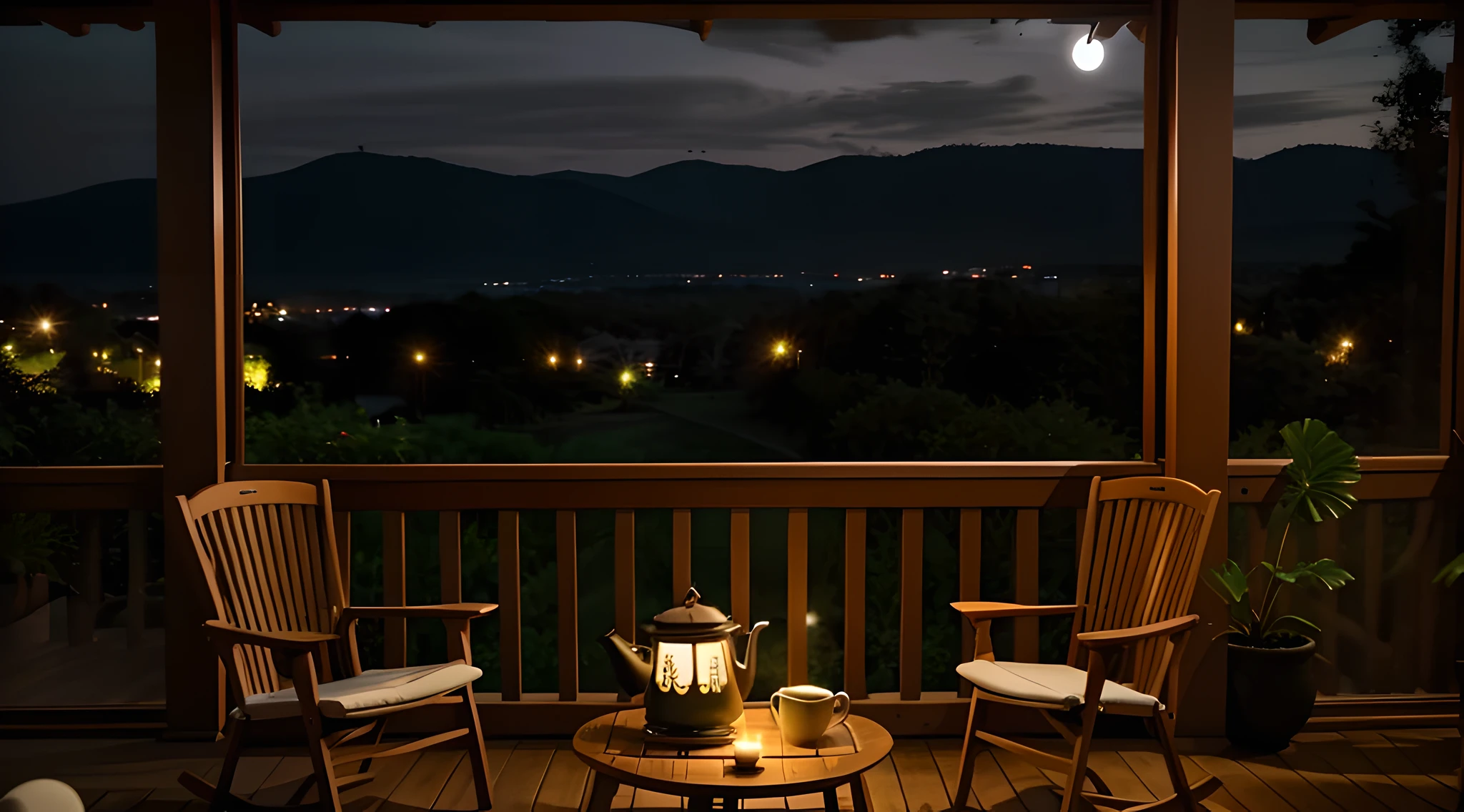 Veranda interior, on the veranda there are two chairs with a kettle and a kettle,cozy veranda, wide angle photo, Photorealistic, Evening, calm night time.  night time, cozy home background,