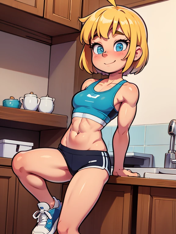 Modest, shy, infinitely sweet and pretty, athletic, strong, pumped-up girl of 17 years, blonde with short hair, ahoge, A sweet shy little smile, with small neat firm breasts, with prominent muscles(Beautiful developed muscles), in a risky sports bra, extremely small blue shorts and sneakers, full-length in the student's kitchen, maximum detail, absolute photorealism, free pose