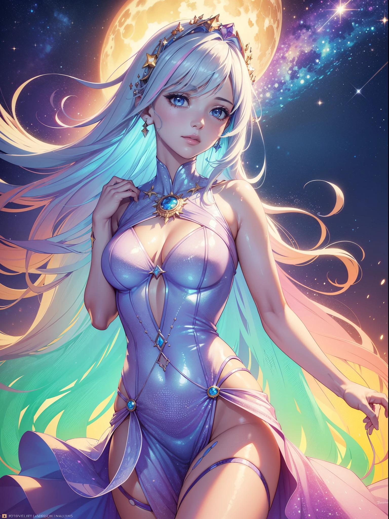 ((Quality: masterpiece, best quality, UHD, anatomically correct, photo realism, textured and detailed skin, skin pores, skin imperfections, textured and detailed hair, volumetric lighting, hyper realistic and detailed background, 30 years old, solo)), whimsical and creative artist woman with a palette of vibrant colors and galaxy theme, stars, planets, sun, moon, sparkles, (((bright, pastel colours))), unconventional clothing
