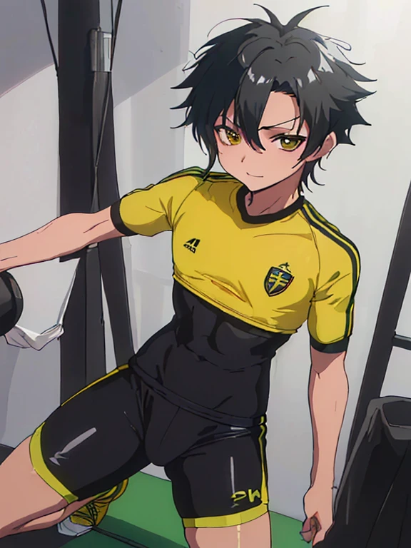 (((,superfine illustration,hight resolution, masutepiece, best qualtiy,Best Quality,)))hightquality, detaileds, (A ),12 years oace striker male idol with a super cute face,A boy as beautiful as Planding, Cool handsome face with smile, yellow soccer cleats, Long legs, thighs thighs thighs thighs, Foots, Bulge, (Black hair、)、 Short,spiky hair、Shiny hair, (Soccer Tight Shiny Yellow Soccer Uniform Bodysuit), (tight and shiny soccer shorts), (yellow soccer socks), tussock, Cool pose, (厚いthighs thighs thighs thighs、Seduce your big ass to your crotch、(((training gym)))、((cocky、))、Smirk、Spread legs,Ultra-fine painting, (Best Quality, 4K, 8K, hight resolution, masutepiece:1.2),(((Being aware of the sexual gaze of middle-aged gay men))).、Service Shots、Wear support around your feet、((detailedsな目:1.2))、kawaii eyes、